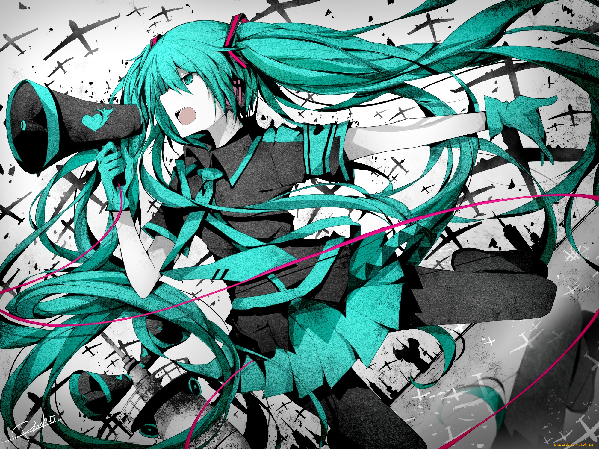 аниме, vocaloid, hatsune, miku, peneko, арт, микрофон, девушка