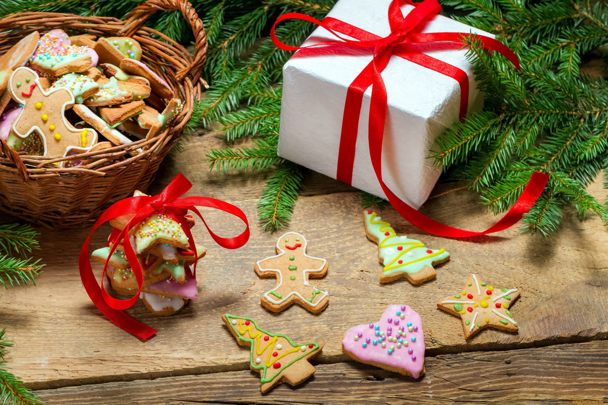 праздничные, угощения, банты, подарок, печенье, корзинка