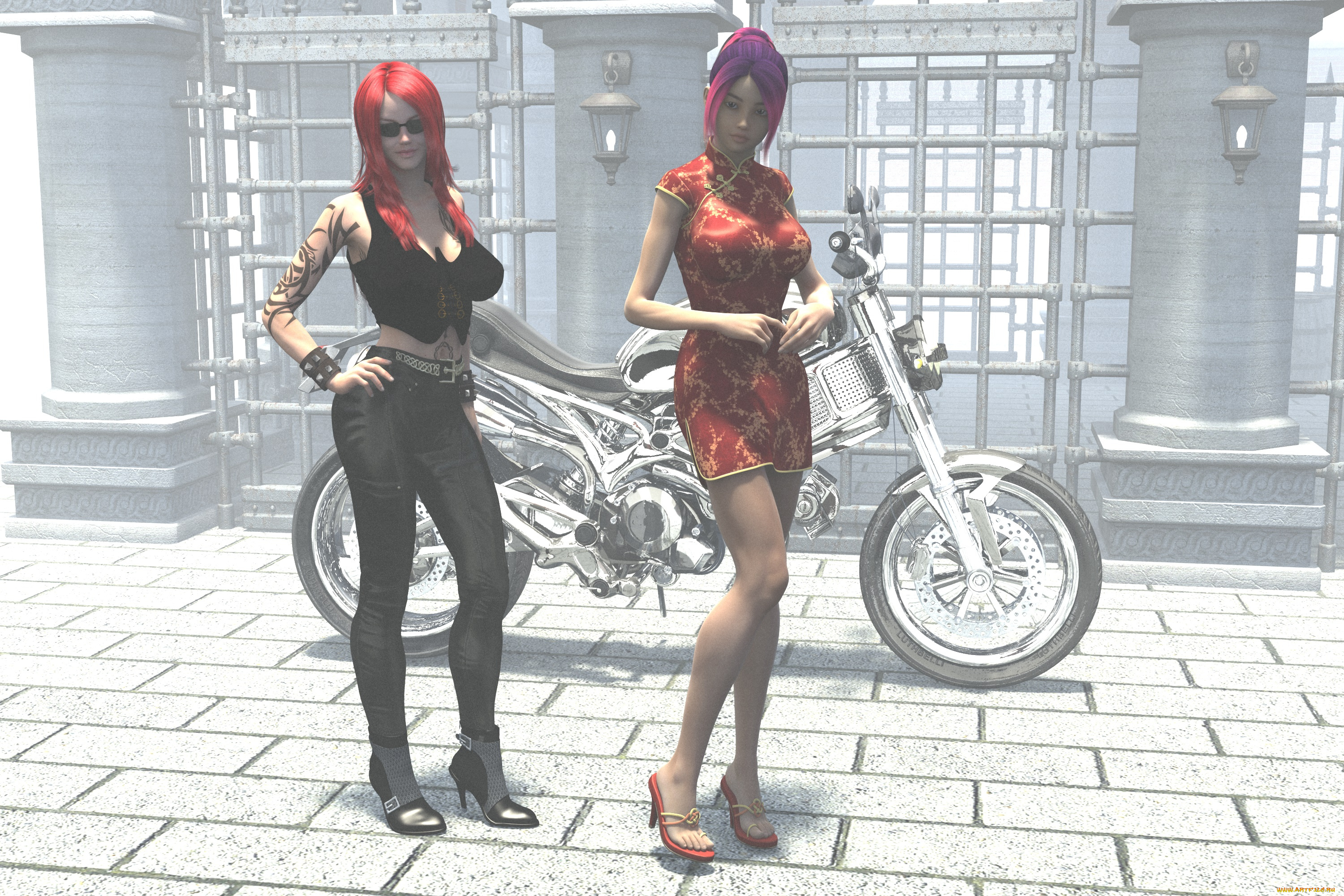 мотоциклы, 3d, мотоцикл, фон, взгляд, девушки