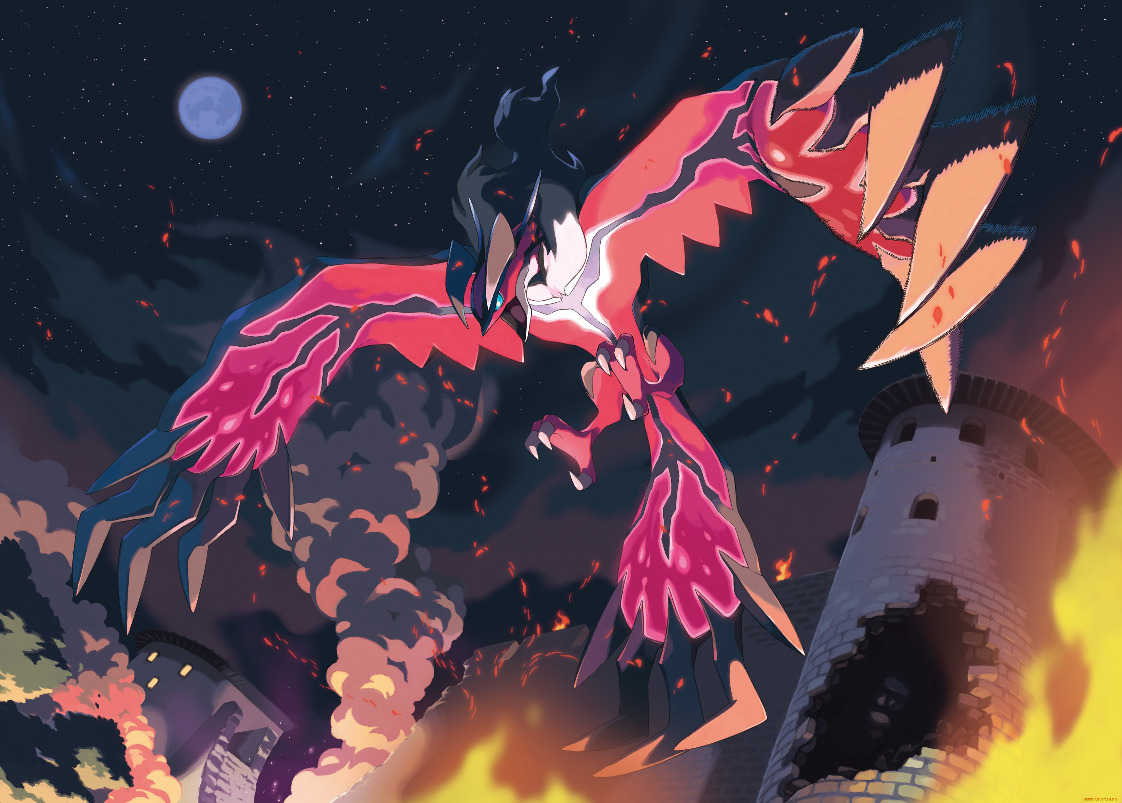 аниме, pokemon, yveltal, oomura, yuusuke, арт, замок, пламя, разрушения, птица, ночь, небо
