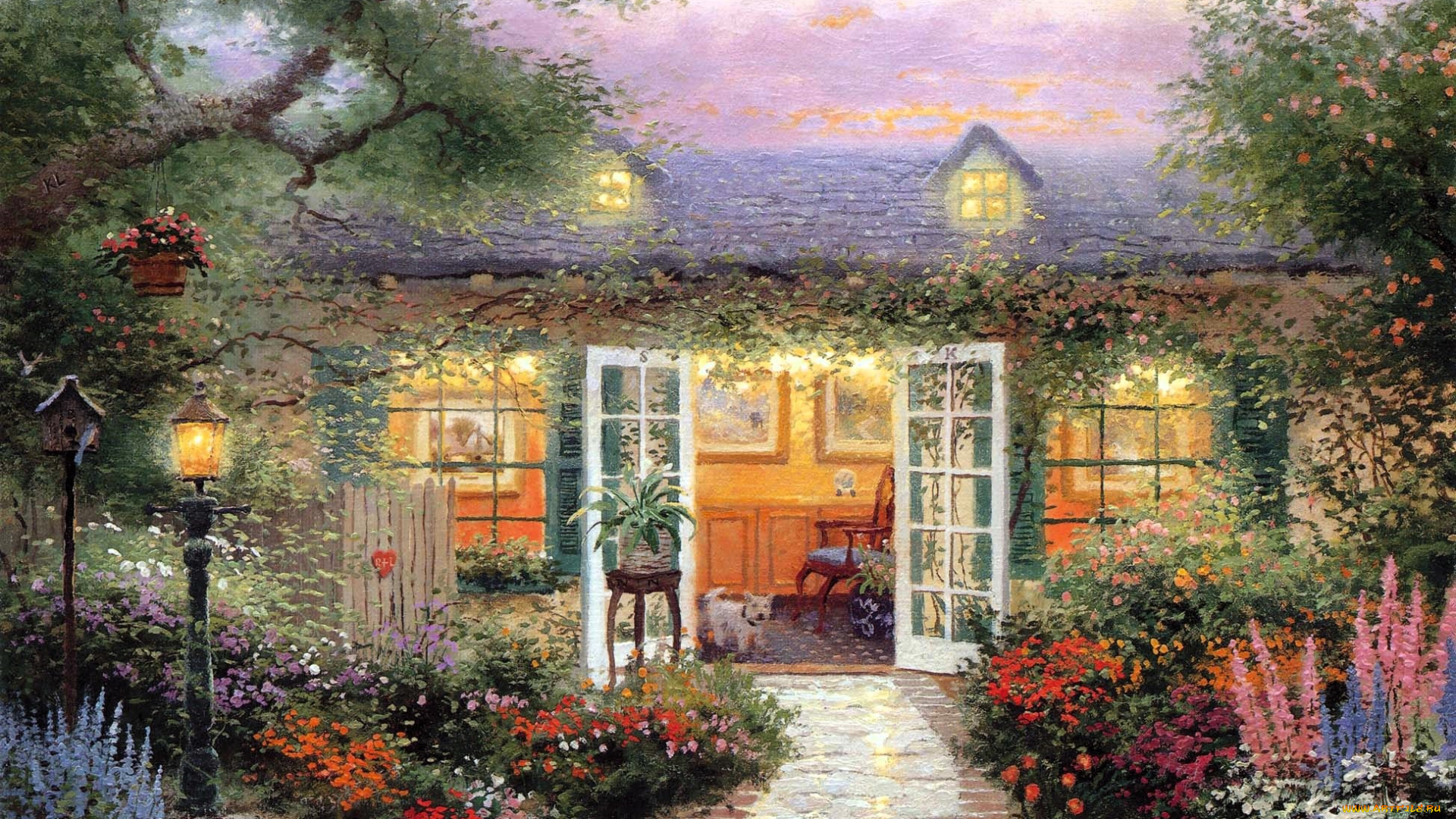 рисованное, thomas, kinkade, дом, сад