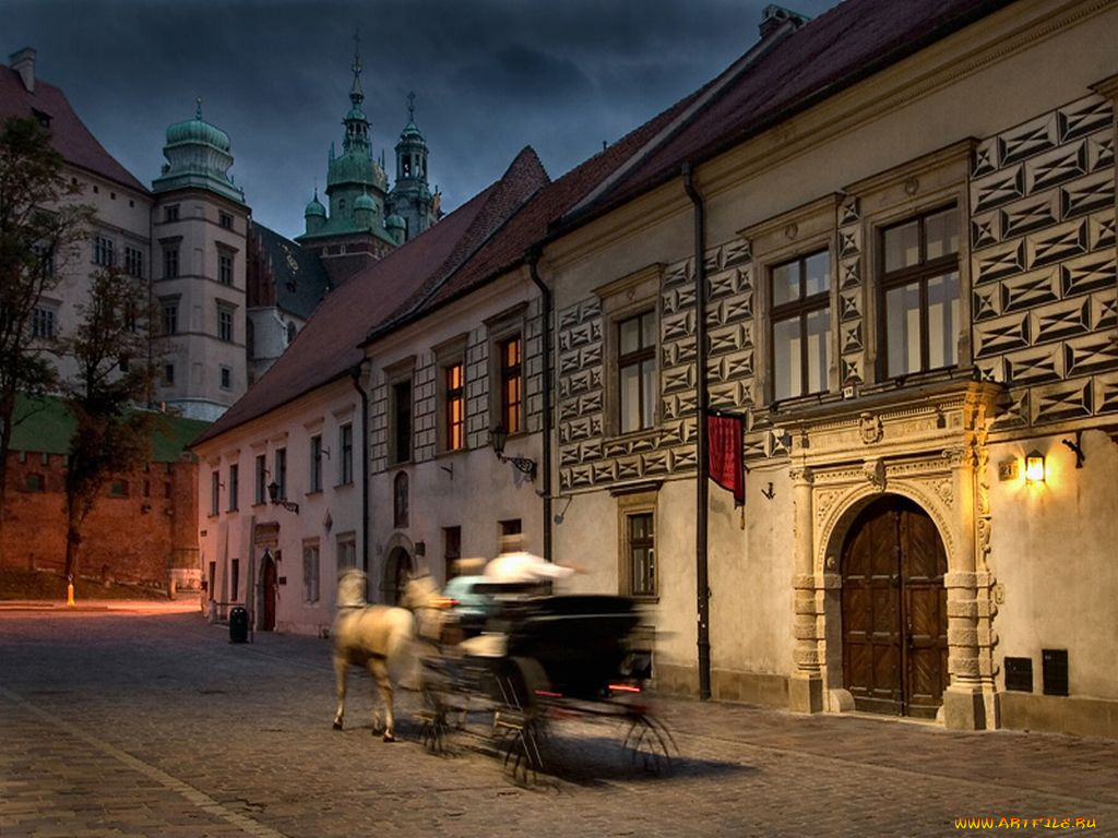 evening, in, cracow, города, здания, дома