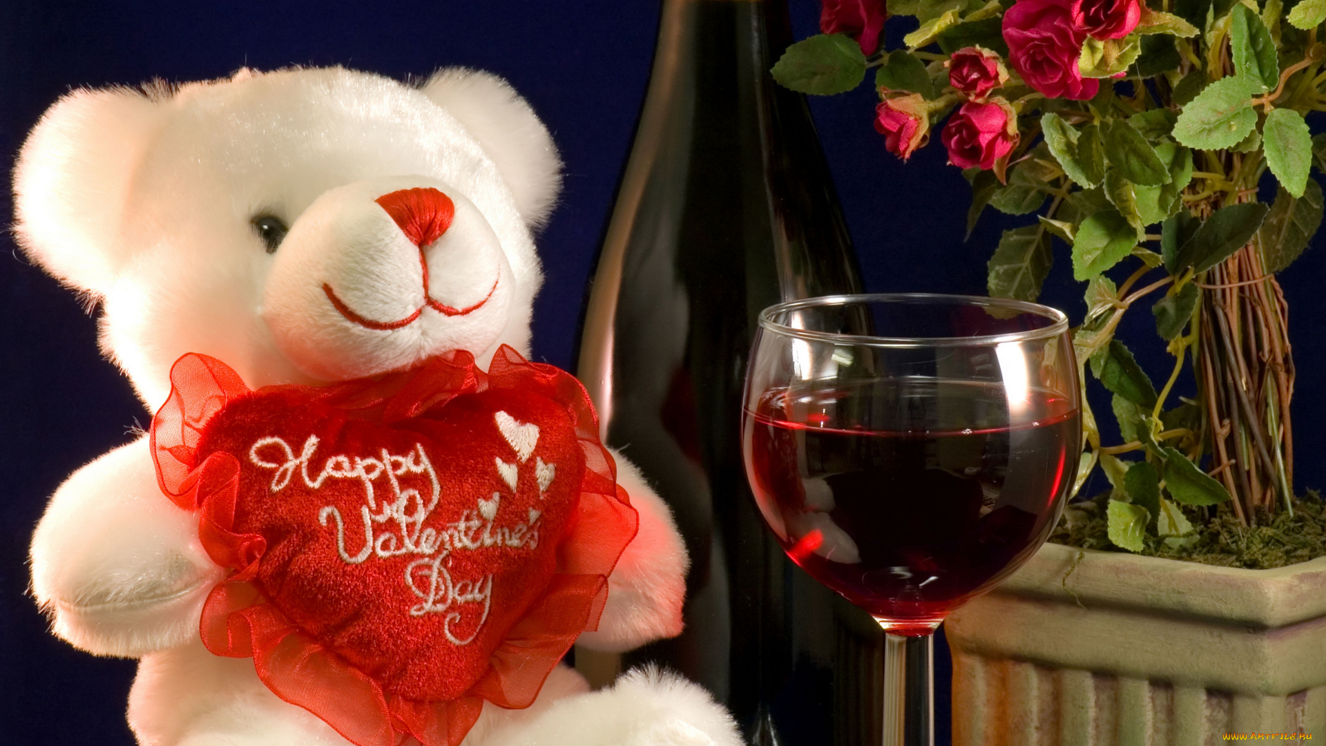 праздничные, день, св, валентина, сердечки, любовь, игрушка, розы, плюшевый, мишка, вино, бокал, вина, цветы