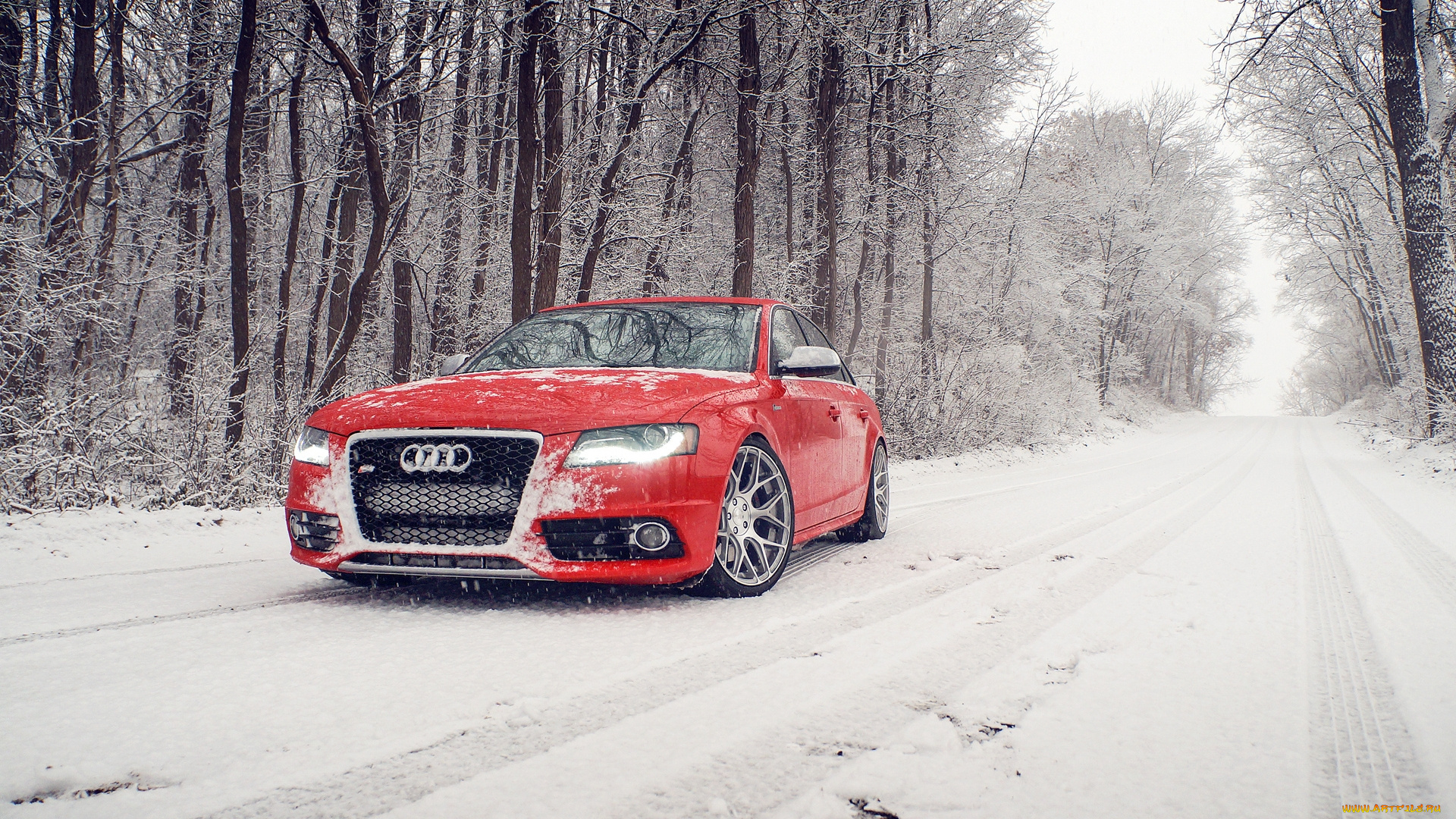 автомобили, audi, winter, зима, красная, red, ауди, снег, перед, s4