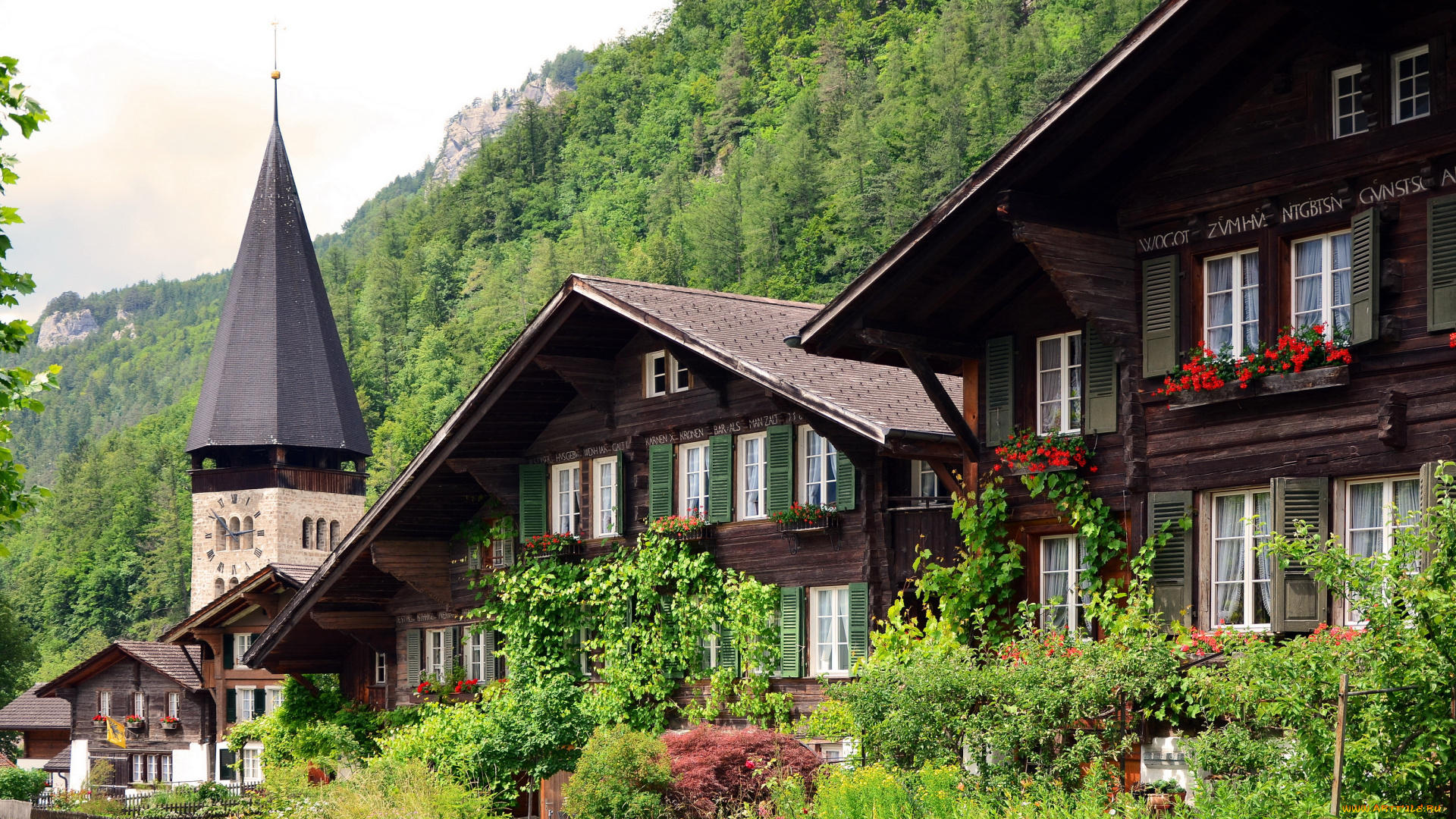 meiringen, , switzerland, города, -, здания, , дома, цветы, швейцария, дома, горы, трава