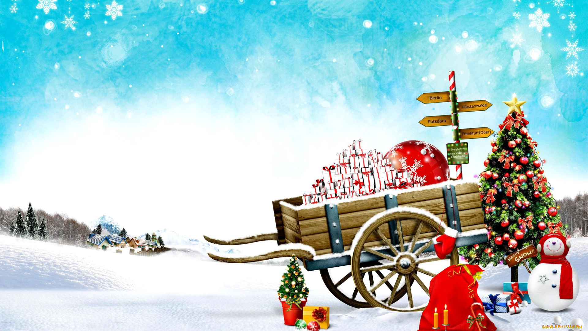 праздничные, -, разное, , новый, год, подарки, ёлка, мешок, снежинки, снеговик, повозка, дома, снег