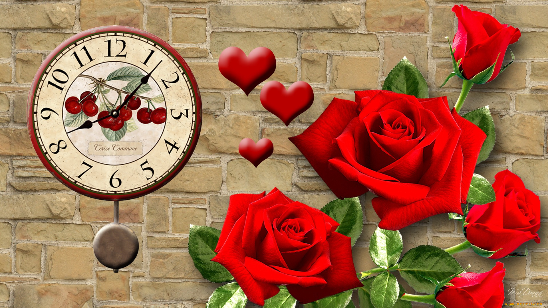 праздничные, день, святого, валентина, , сердечки, , любовь, часы, розы, сердечки, стена