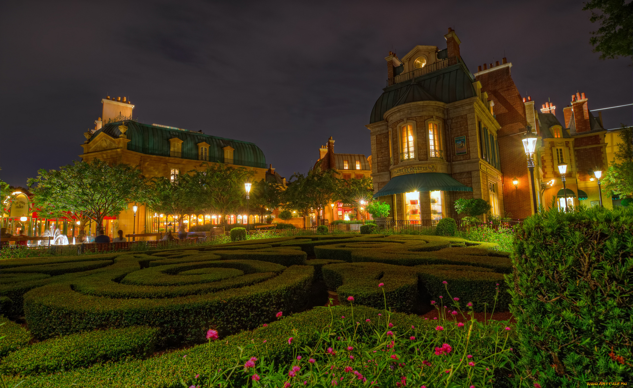 epcot`s, france, города, диснейленд, лабиринт, ночь, кустарник, парк, дома, огни