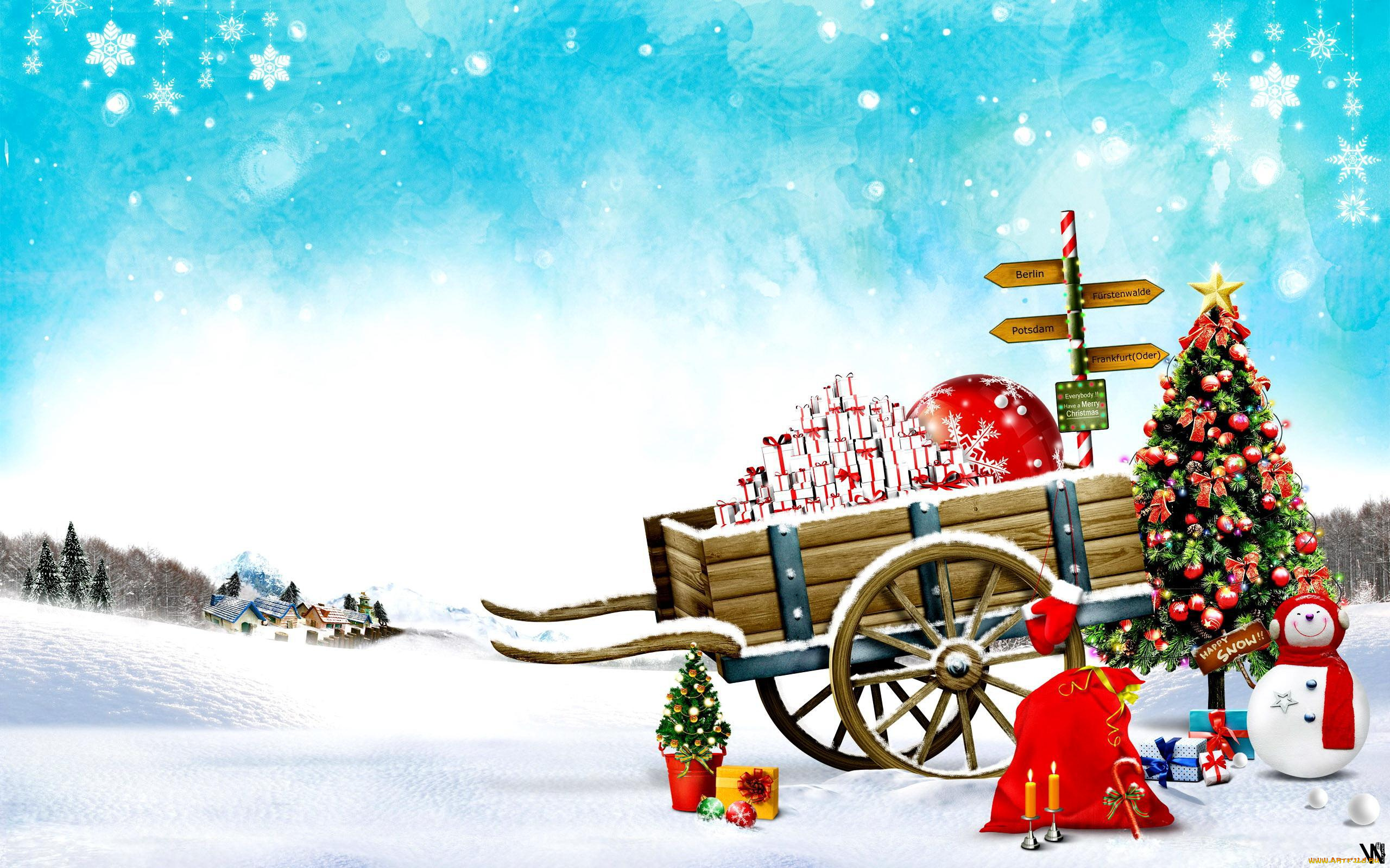 праздничные, -, разное, , новый, год, подарки, ёлка, мешок, снежинки, снеговик, повозка, дома, снег