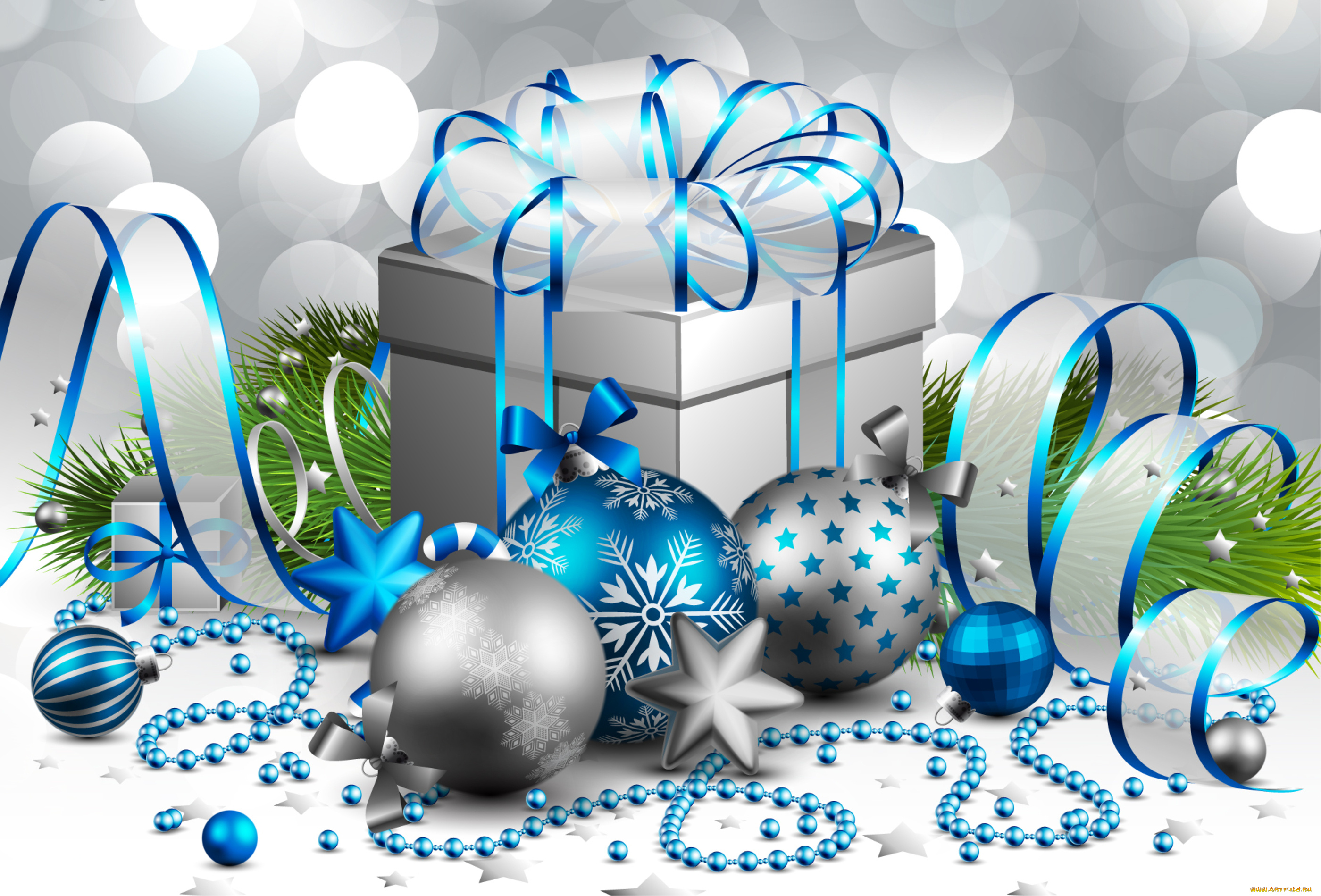 праздничные, векторная, графика, , новый, год, блики, ёлка, бант, подарок, коробка, серебро, гирлянды, звёздочки, шары