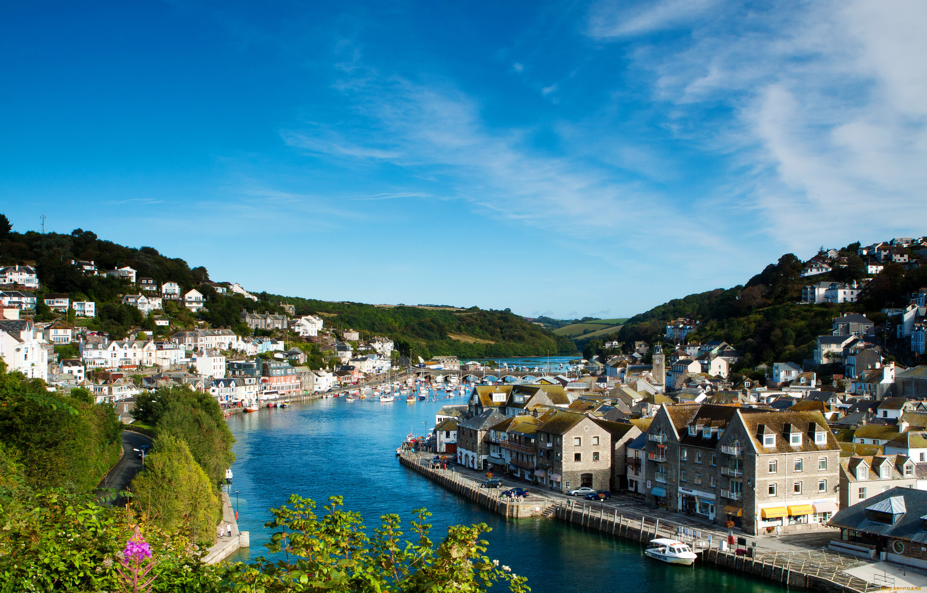 looe, , cornwall, англия, города, -, пейзажи, пейзаж, деревья, англия, река, дома, городок