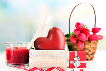 обоя праздничные, день святого валентина,  сердечки,  любовь, сердце, подарок, корзинка, тюльпаны, свеча