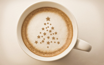 Картинка еда кофе +кофейные+зёрна капучино чашка елка звезды напиток пена