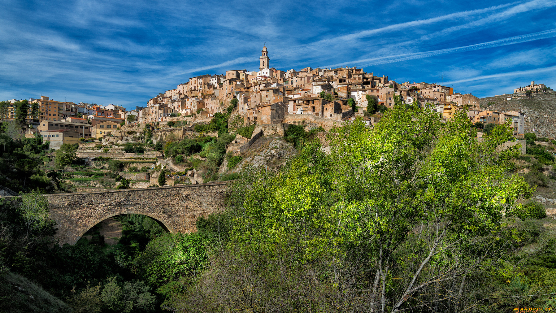 bocairent, города, -, панорамы, холм, дома, мост, овраг