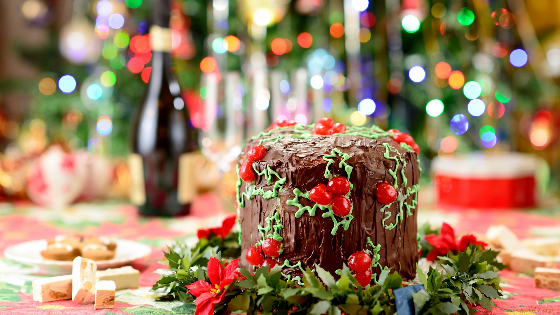 праздничные, угощения, кулич, новый, год, рождество, christmas, new, year, огни, еда, шоколад, выпечка, торт, боке, стол, зима, праздники
