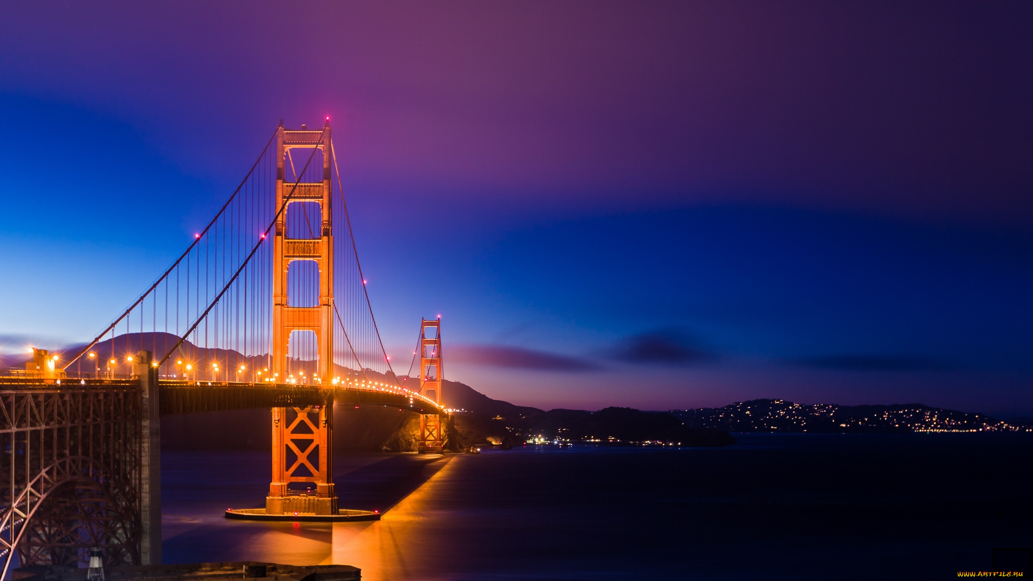 города, -, мосты, подсветка, сша, небо, калифорния, сан-франциско, golden, gate, bridge, san, francisco, california, usa, мост, золотые, ворота, фиолетовое, синее, ночь, огни, освещение