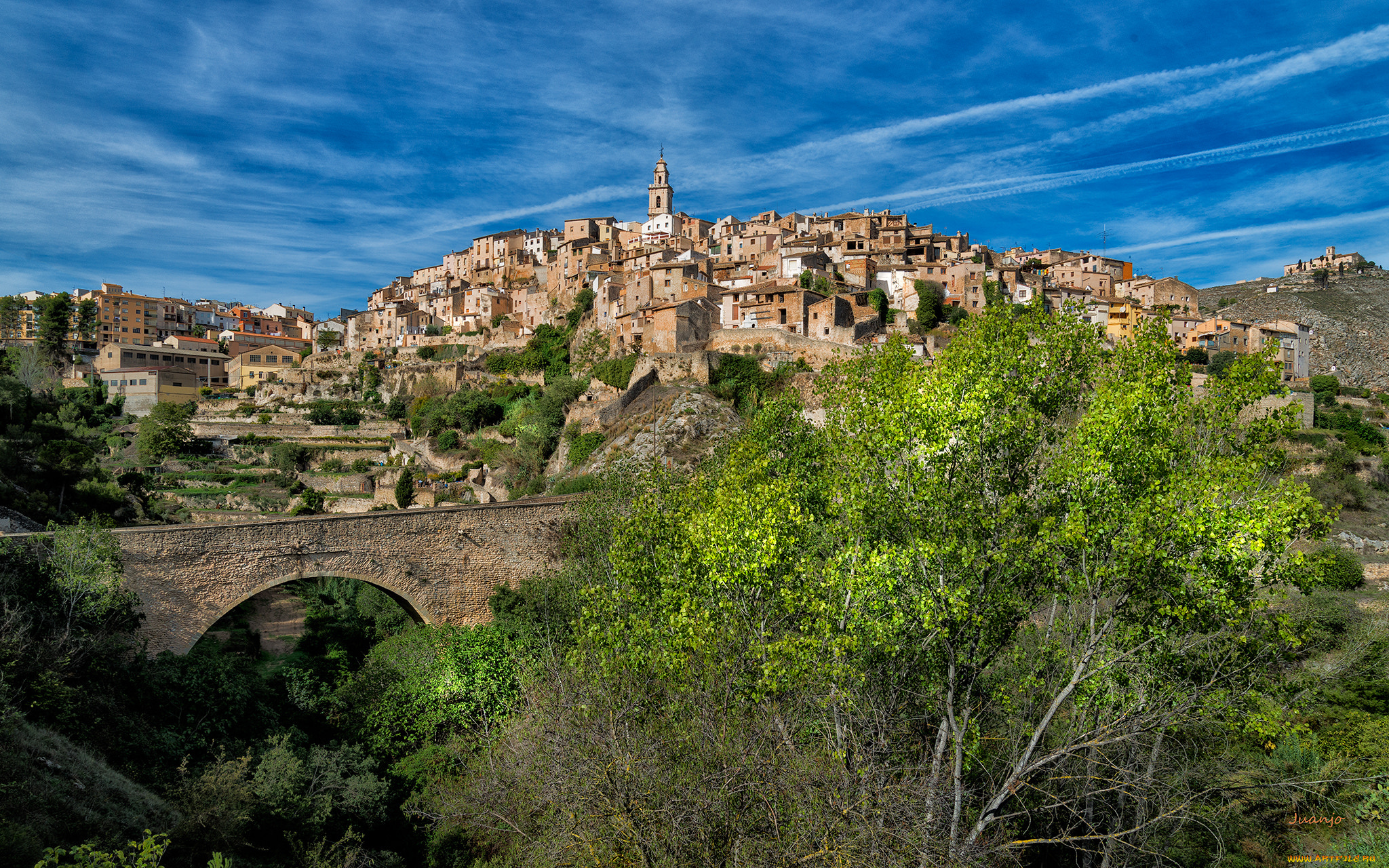 bocairent, города, -, панорамы, холм, дома, мост, овраг