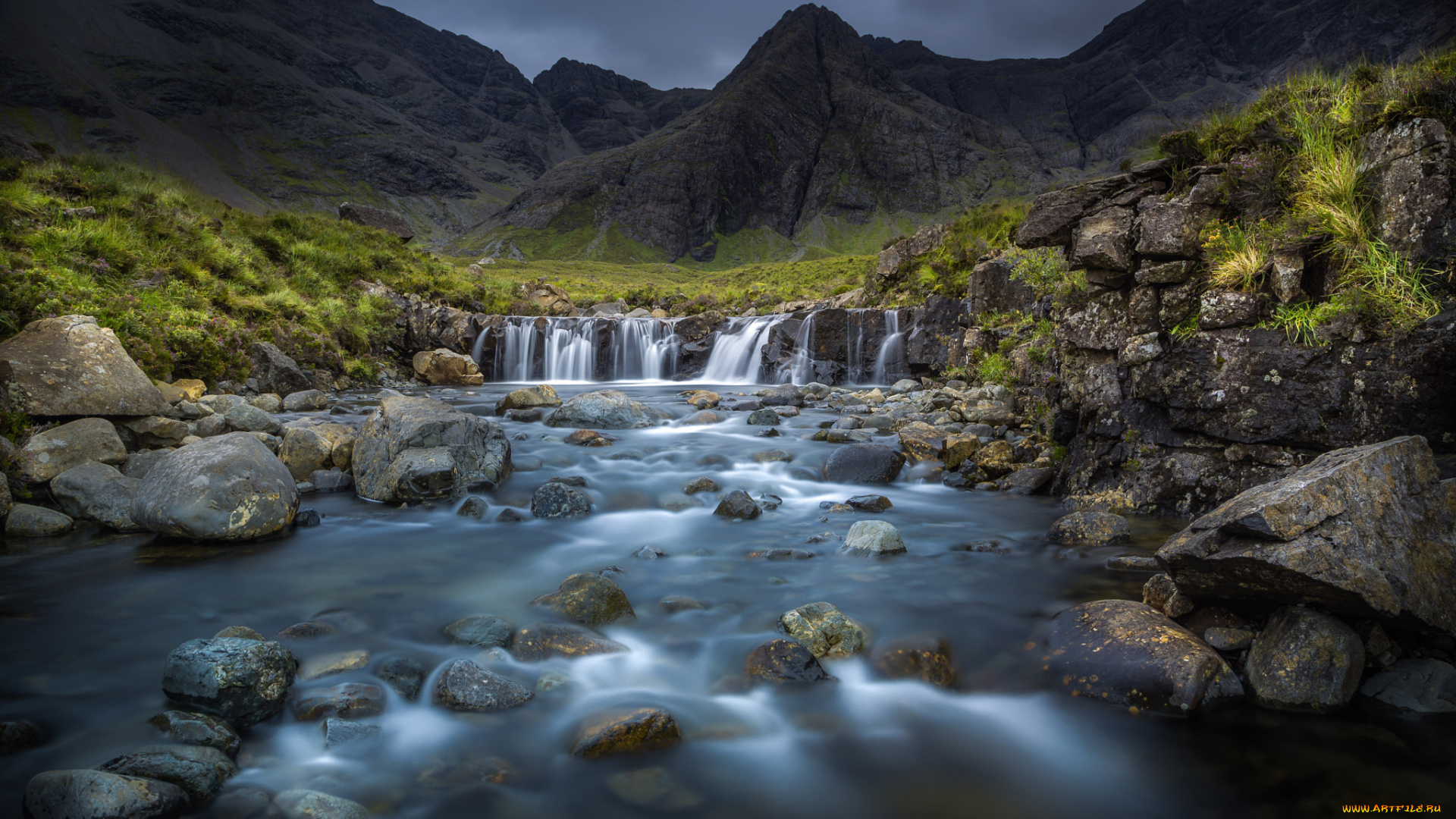 природа, водопады, река, камни, скалы, горы, хайленд, шотландия, поток