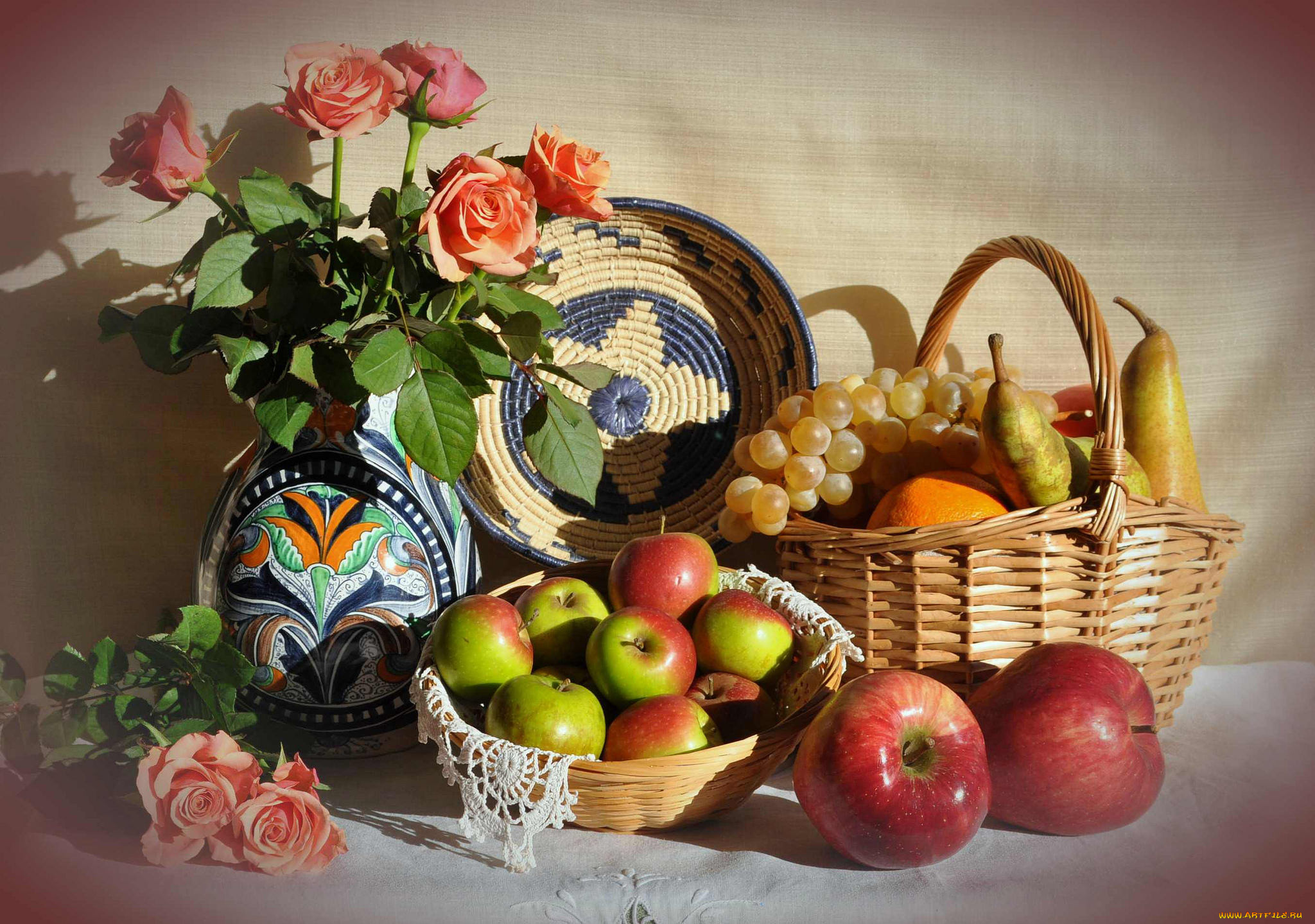 еда, натюрморт, фрукты, цветы