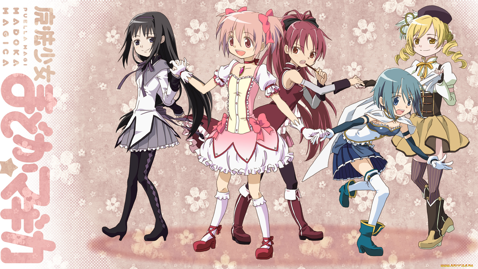 аниме, mahou, shoujo, madoka, magika, девушки, взгляд, фон