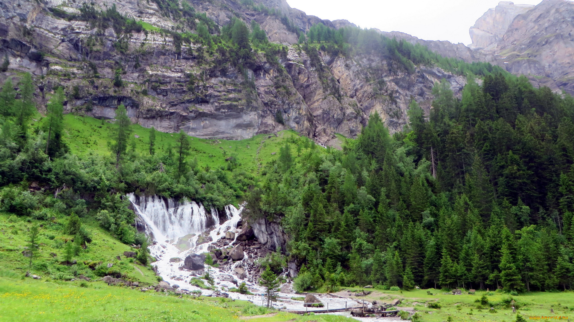 природа, водопады, гора, поток, деревья