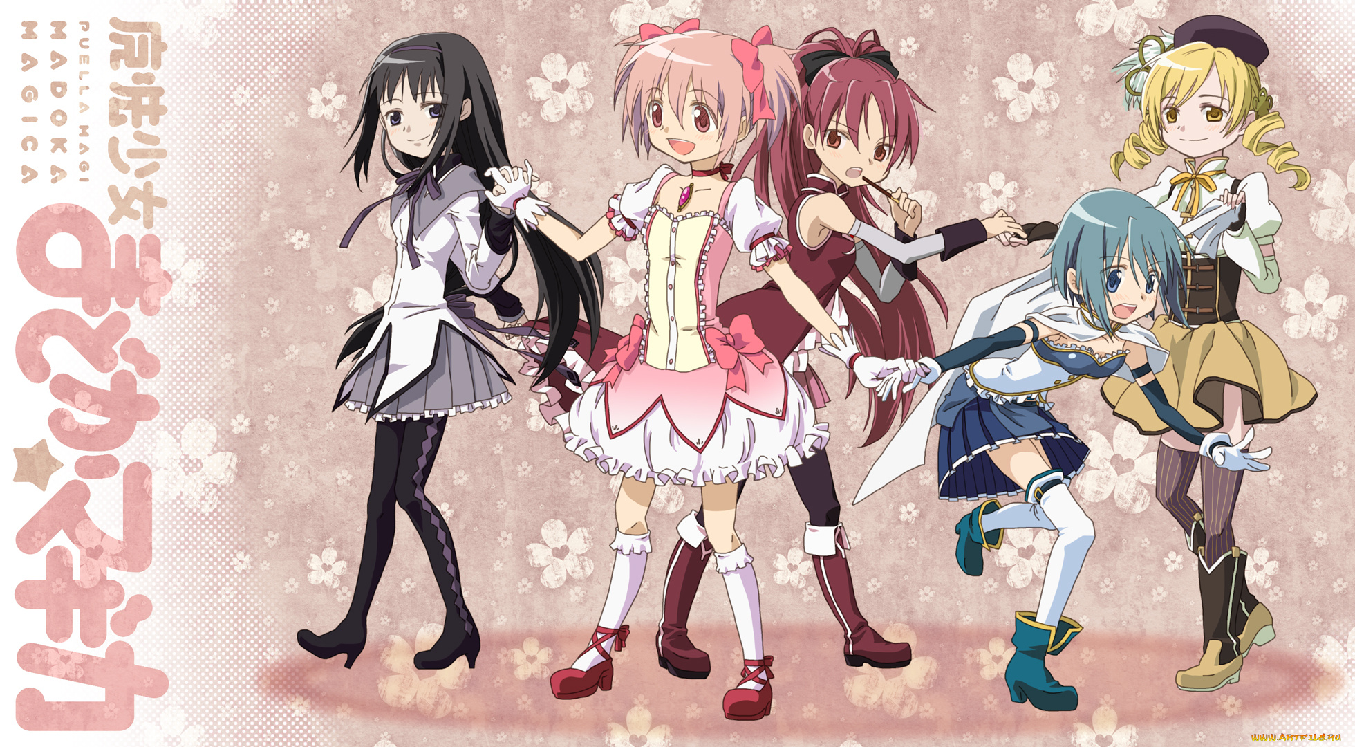 аниме, mahou, shoujo, madoka, magika, девушки, взгляд, фон