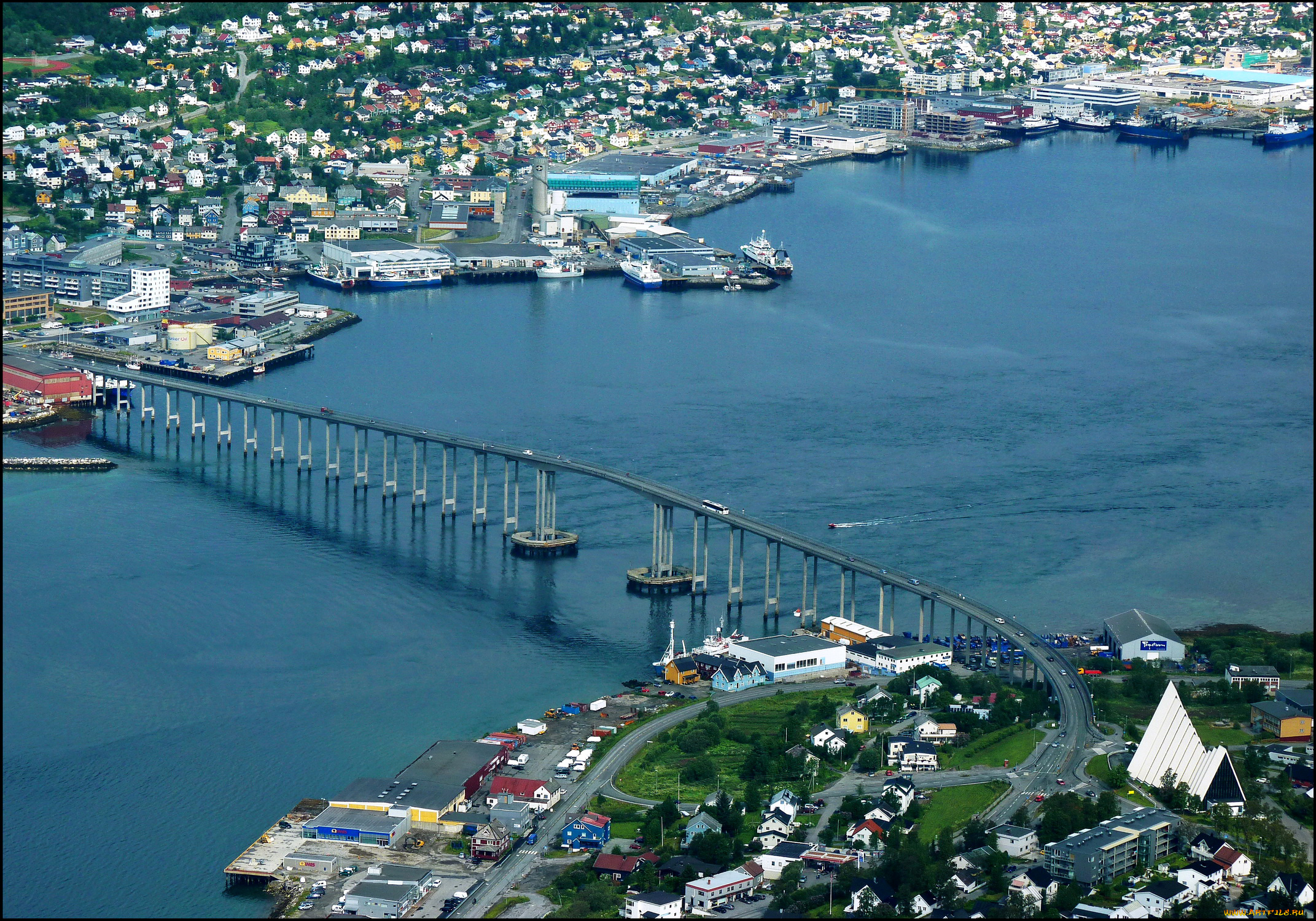 города, -, мосты, река, дома, норвегия, tromsо, мост, вид, сверху