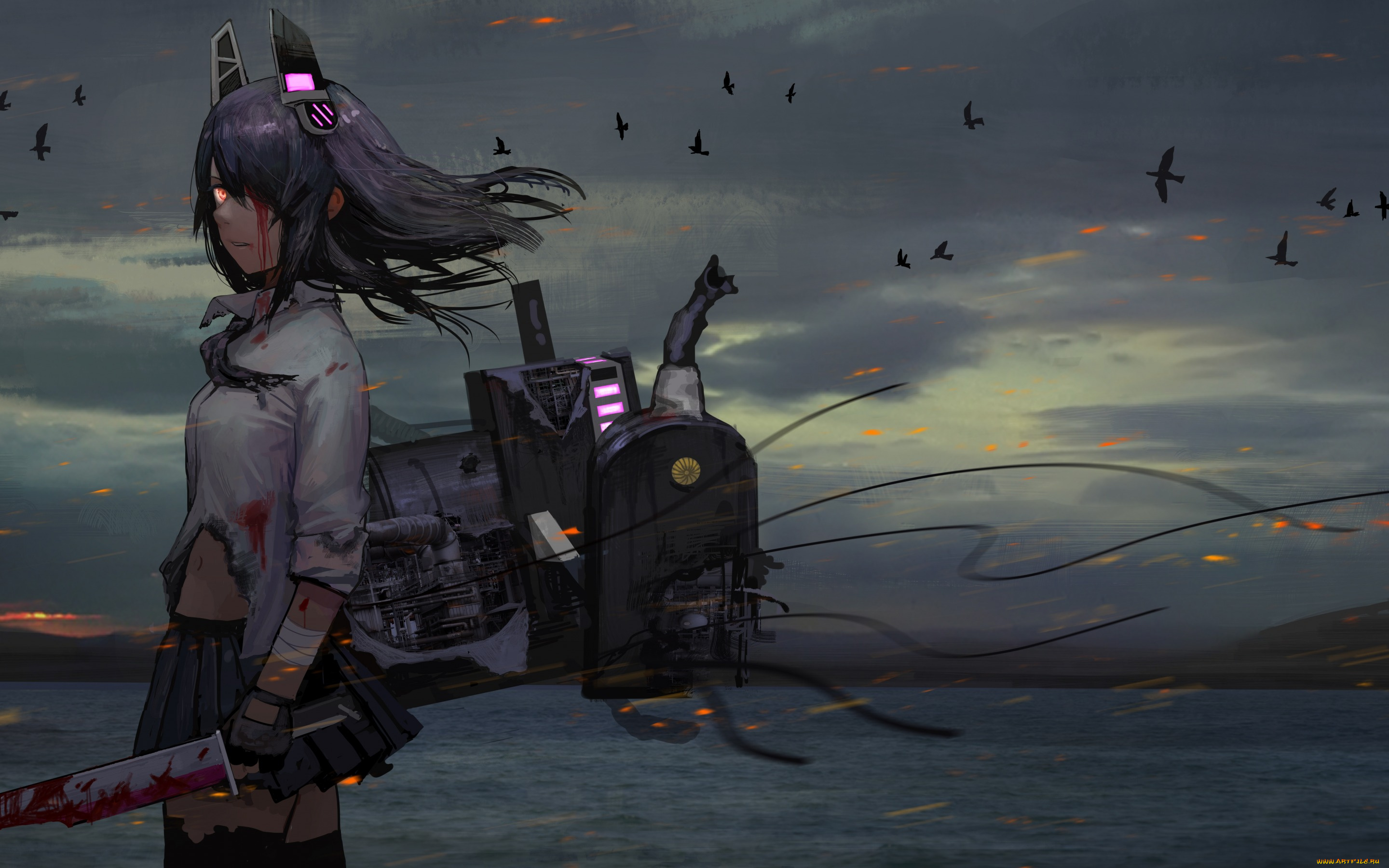 аниме, оружие, , техника, , технологии, девушка, кровь, птицы, море, tenryuu, kantai, collectio, природа, горы, tomiya7112