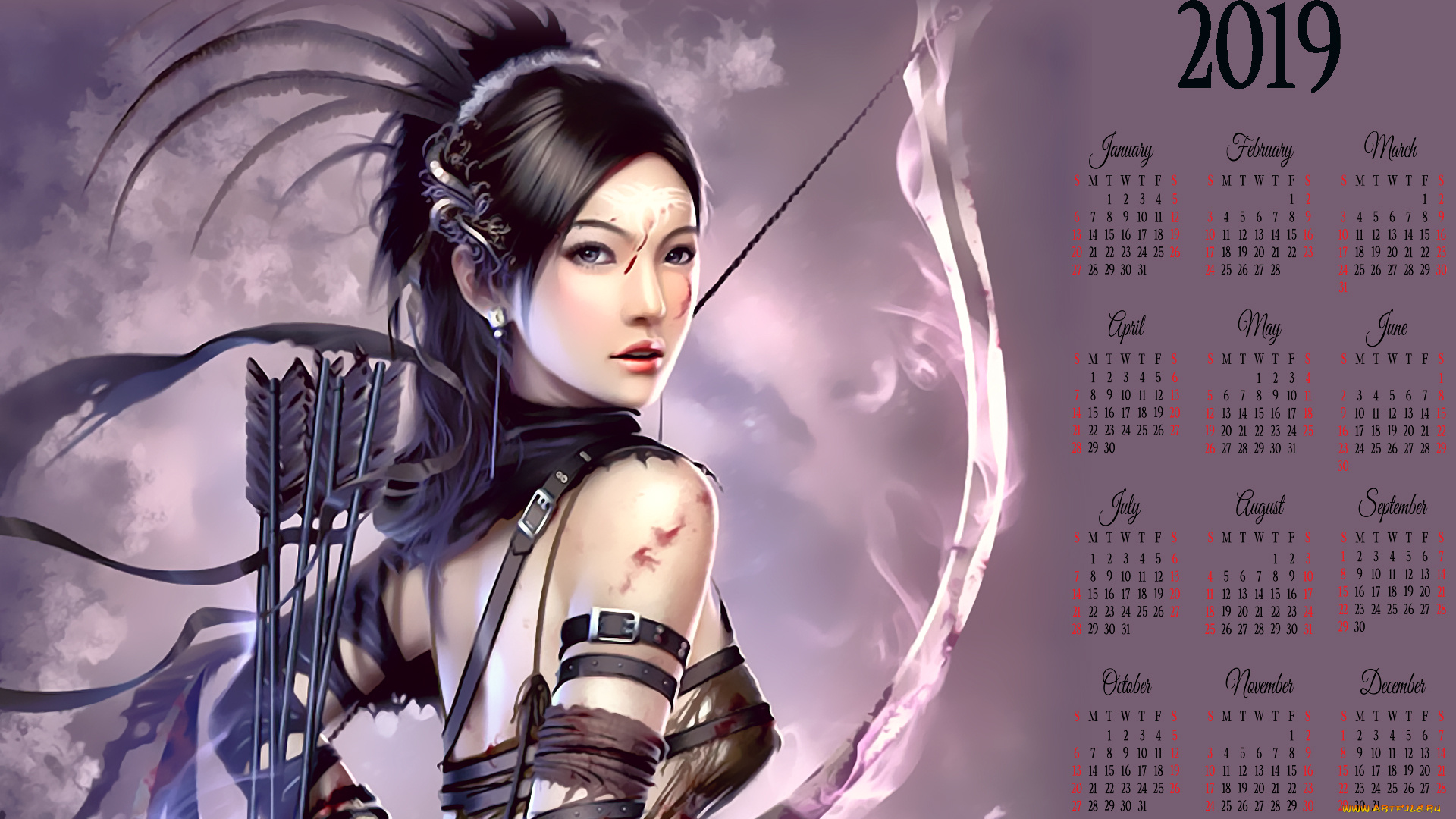 календари, фэнтези, оружие, девушка, лук, стрела