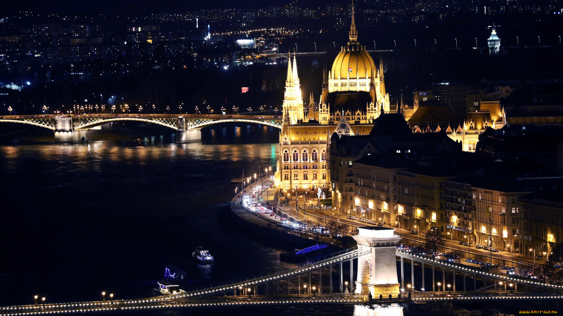 города, будапешт, , венгрия, мосты, вечер, река, огни