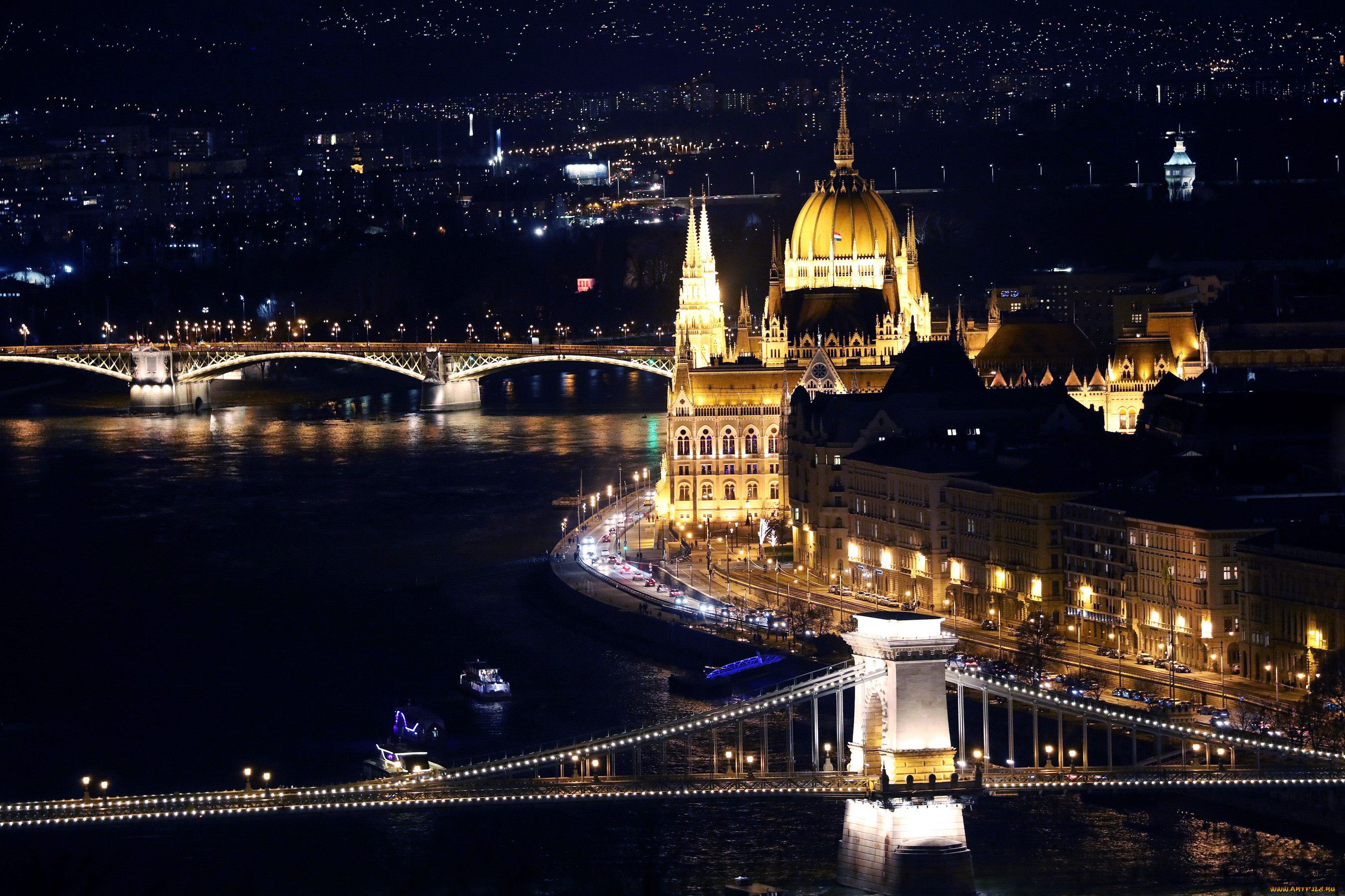 города, будапешт, , венгрия, мосты, вечер, река, огни