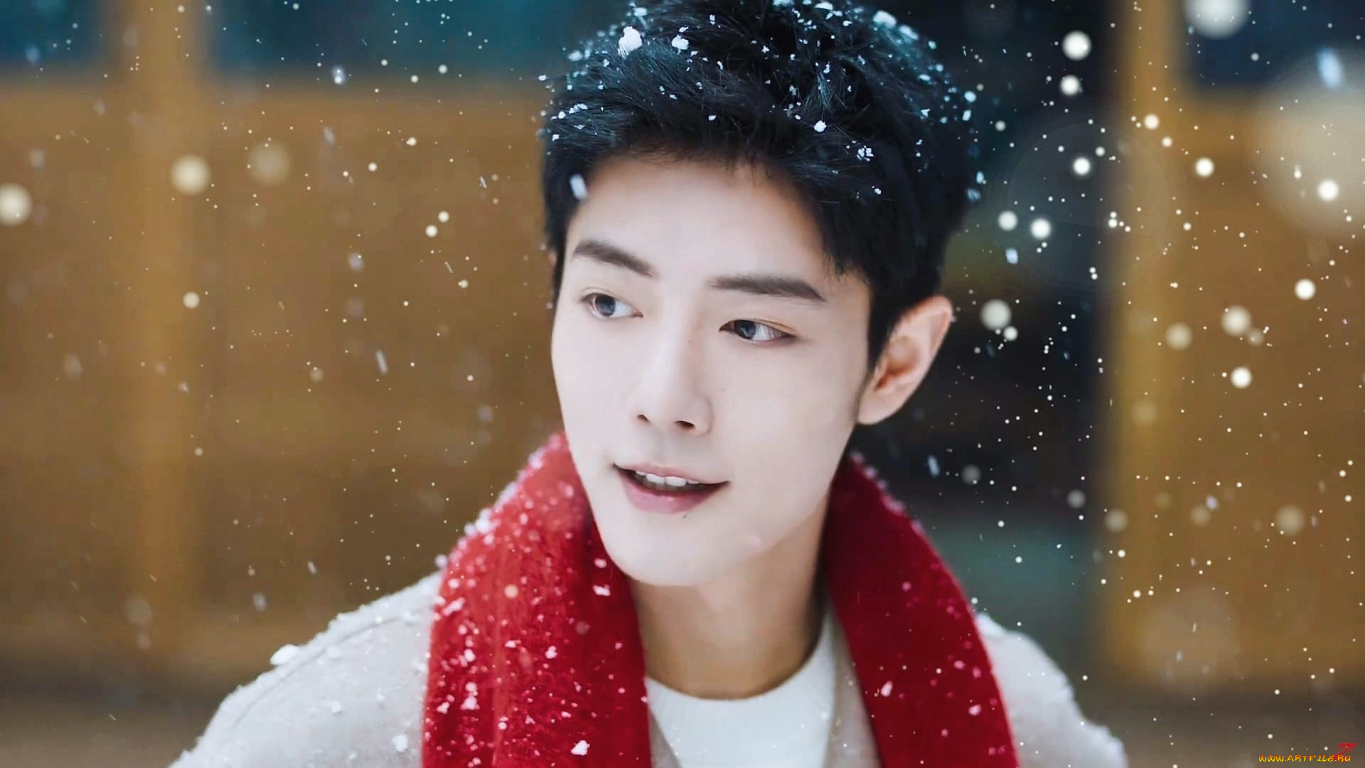мужчины, xiao, zhan, актер, шарф, пальто, снег