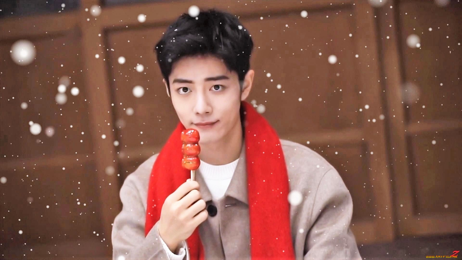 мужчины, xiao, zhan, лицо, шарф, пальто, снег, конфета