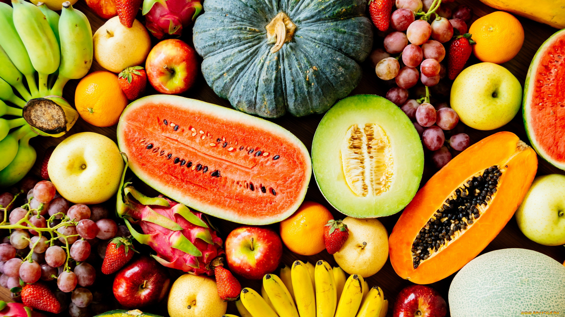 еда, фрукты, , ягоды, арбуз, папайя, банан, виноград, дыня