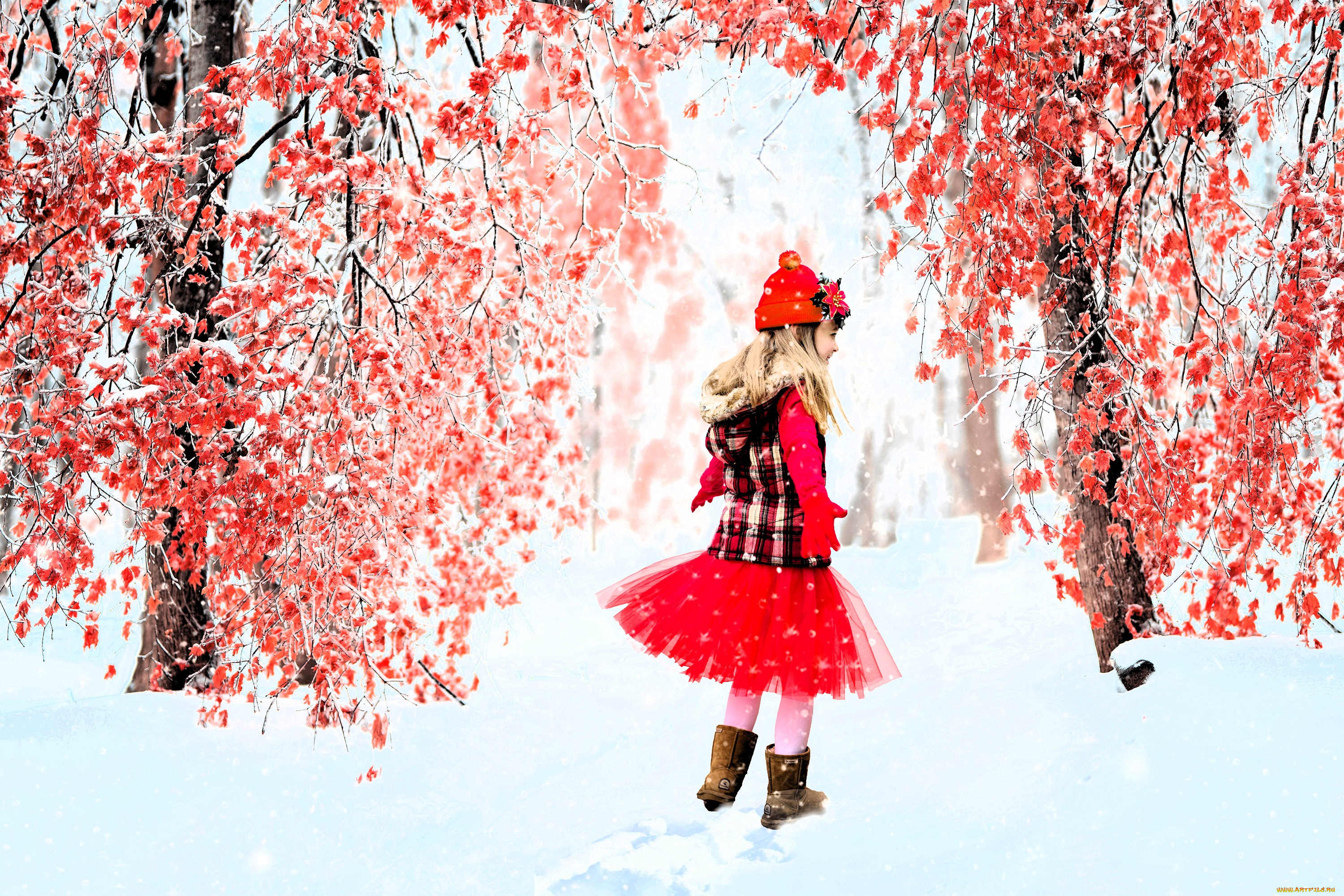 разное, дети, девочка, шапка, платье, снег, деревья, листья