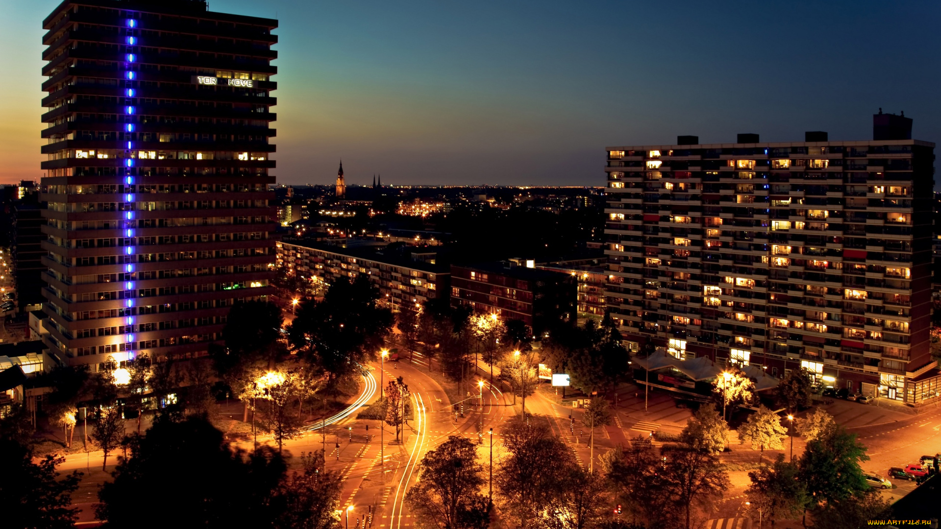 города, огни, ночного, voorhof, netherlands