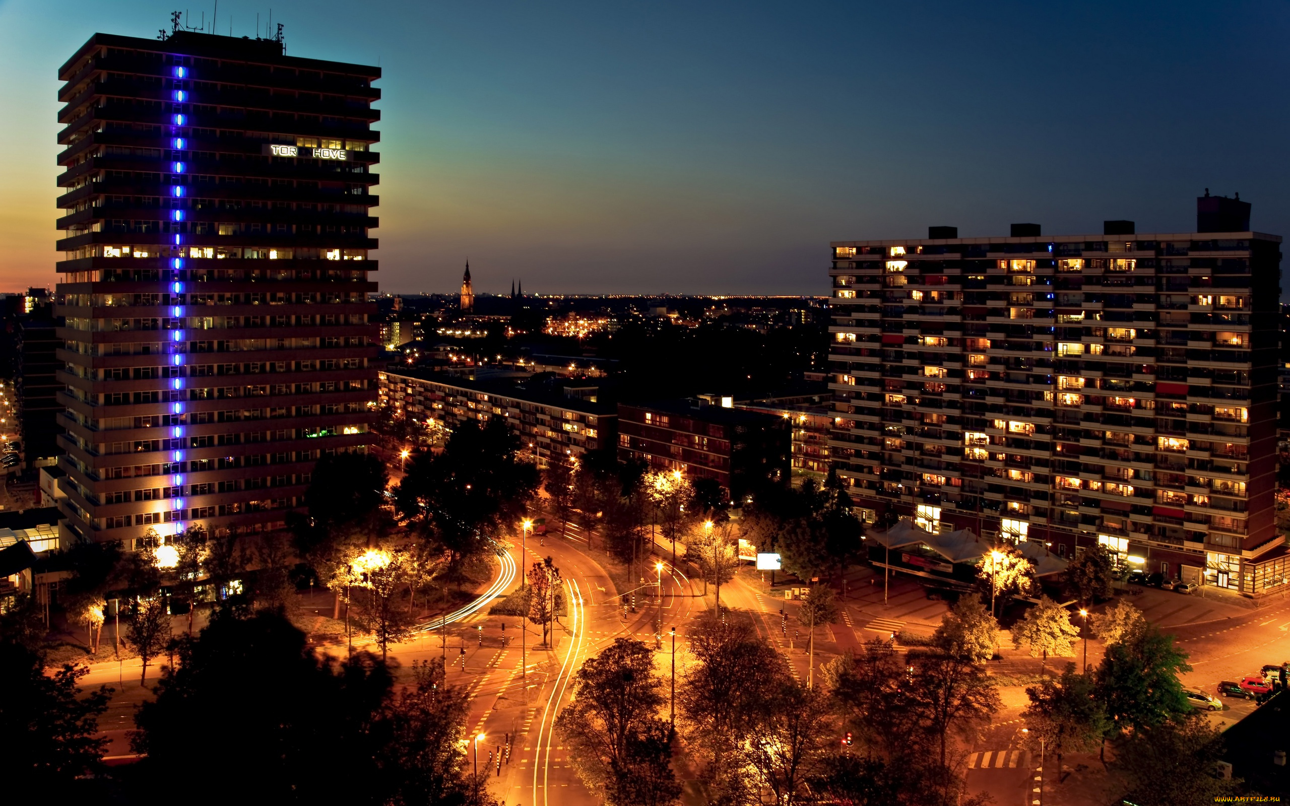 города, огни, ночного, voorhof, netherlands