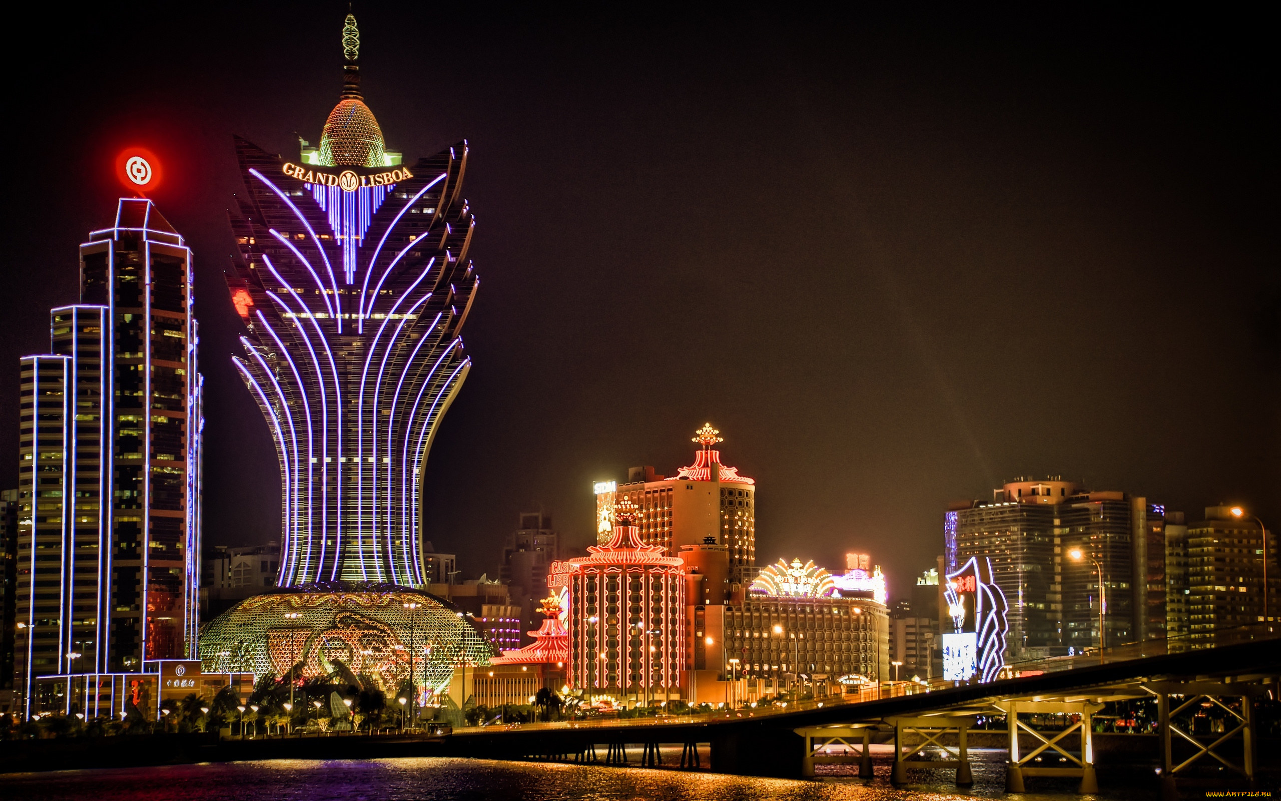 macau, china, города, огни, ночного