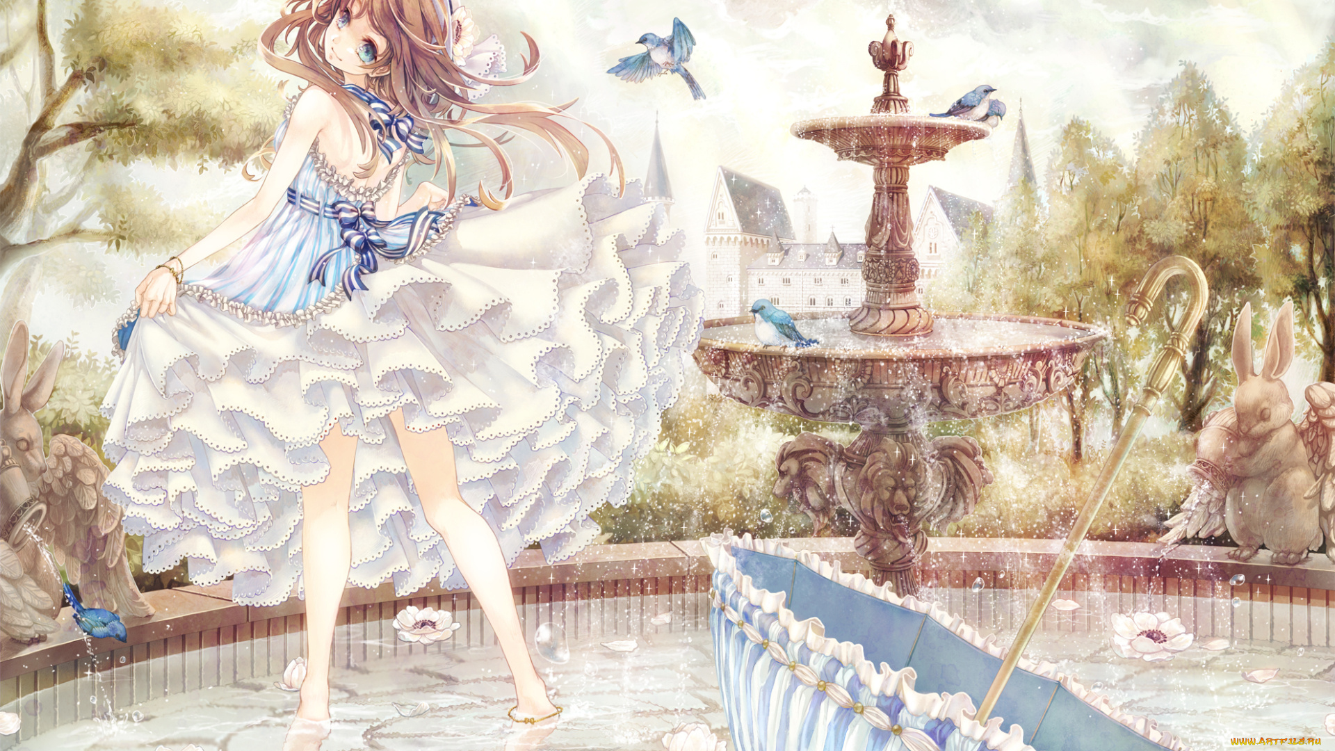 аниме, *unknown, другое, зонтик, длинные, волосы, девушка, фонтан, шляпа, птицы