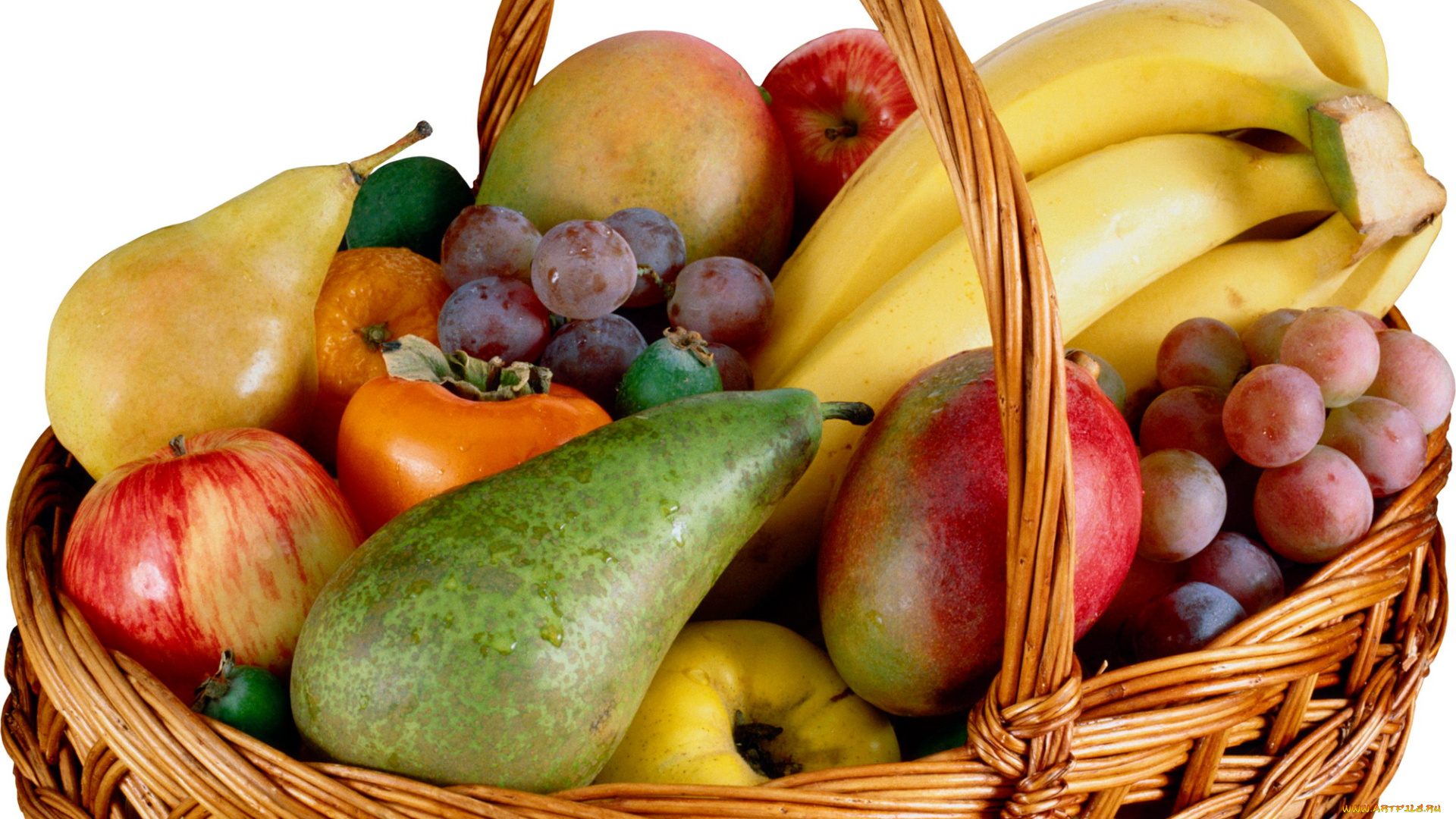 еда, фрукты, ягоды, хурма, манго, груши, бананы, корзина, виноград
