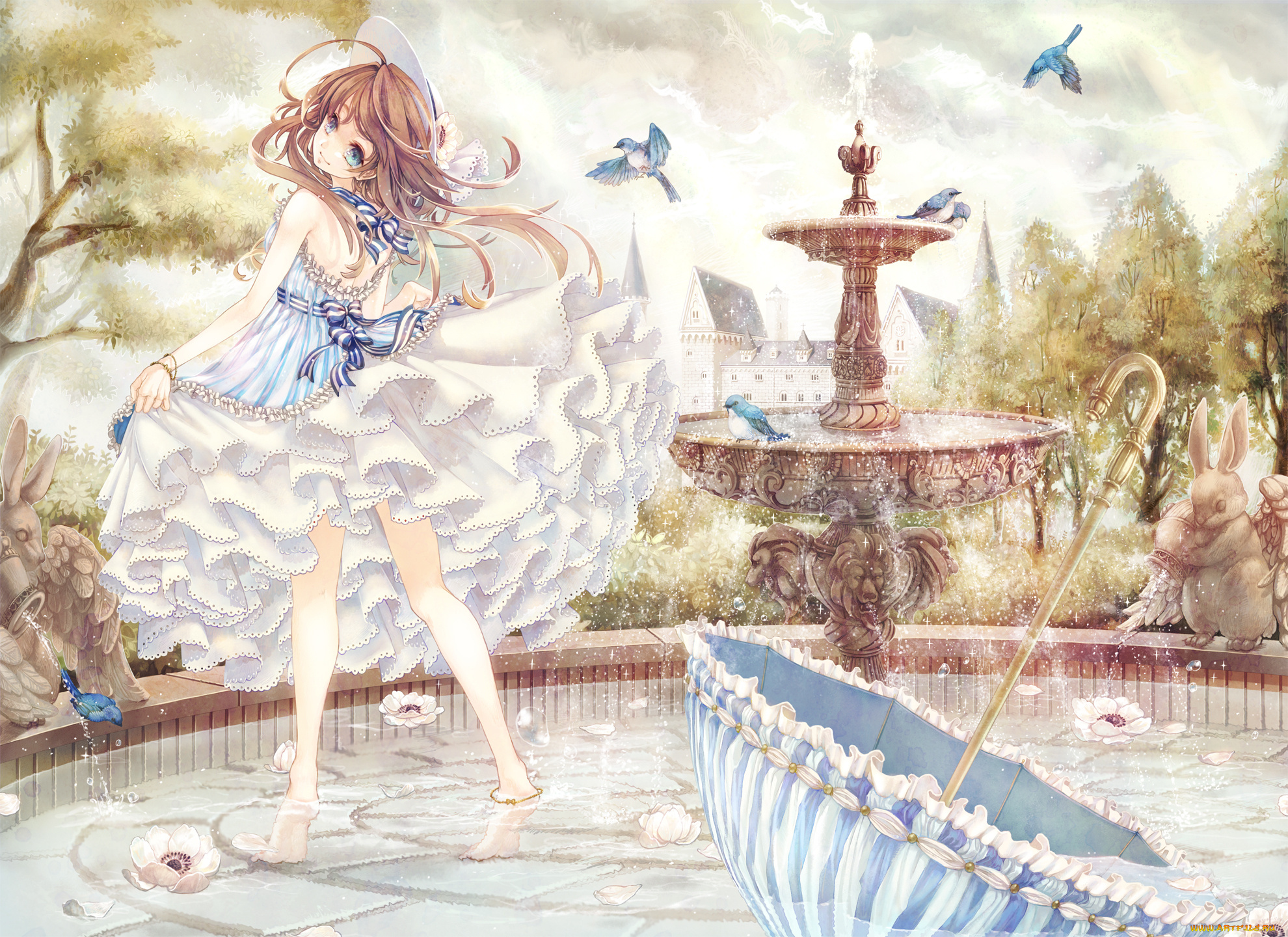 аниме, *unknown, другое, зонтик, длинные, волосы, девушка, фонтан, шляпа, птицы