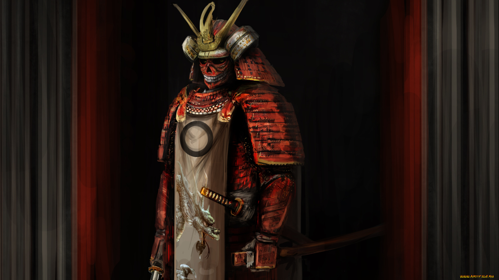 самурай, скелет, фэнтези, нежить, красный, скелет, меч, самурай