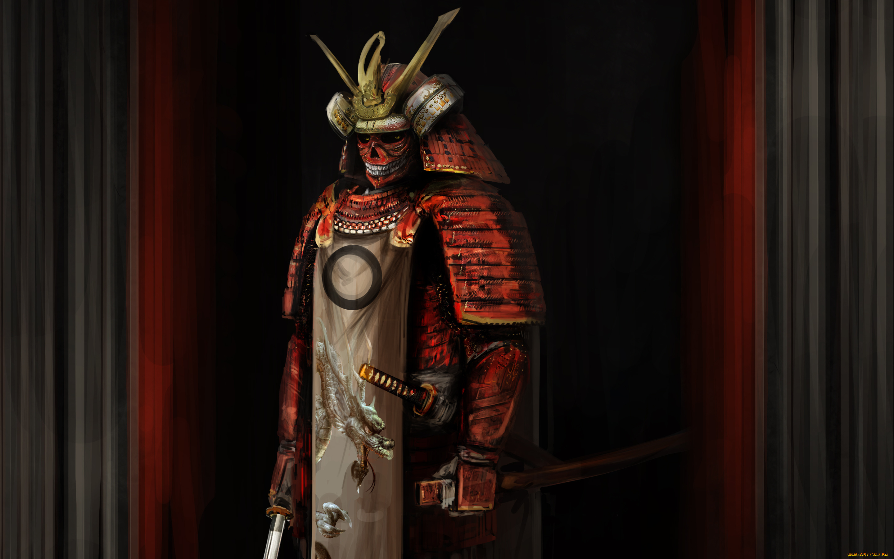 самурай, скелет, фэнтези, нежить, красный, скелет, меч, самурай