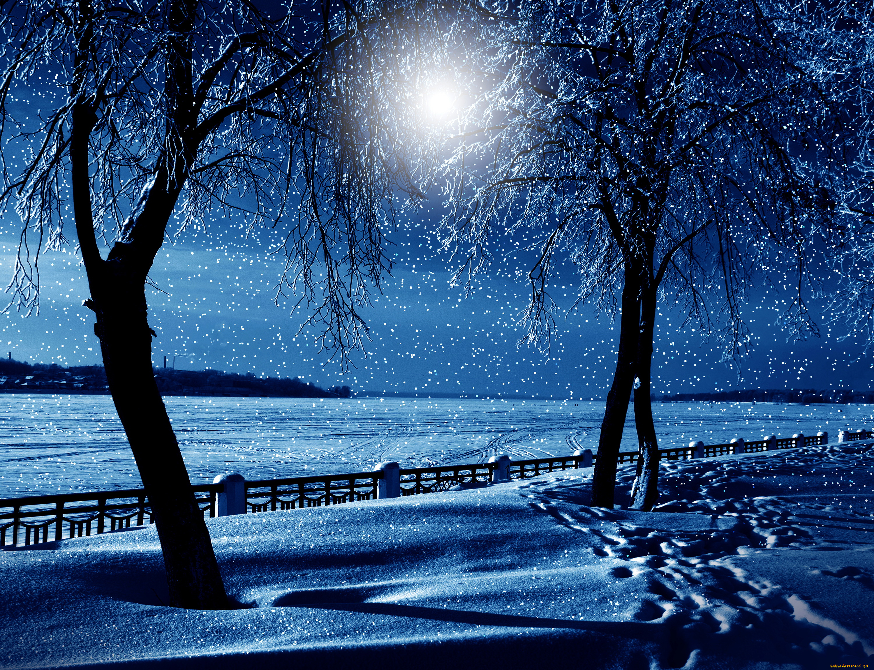 природа, зима, луна, забор, деревья, снег