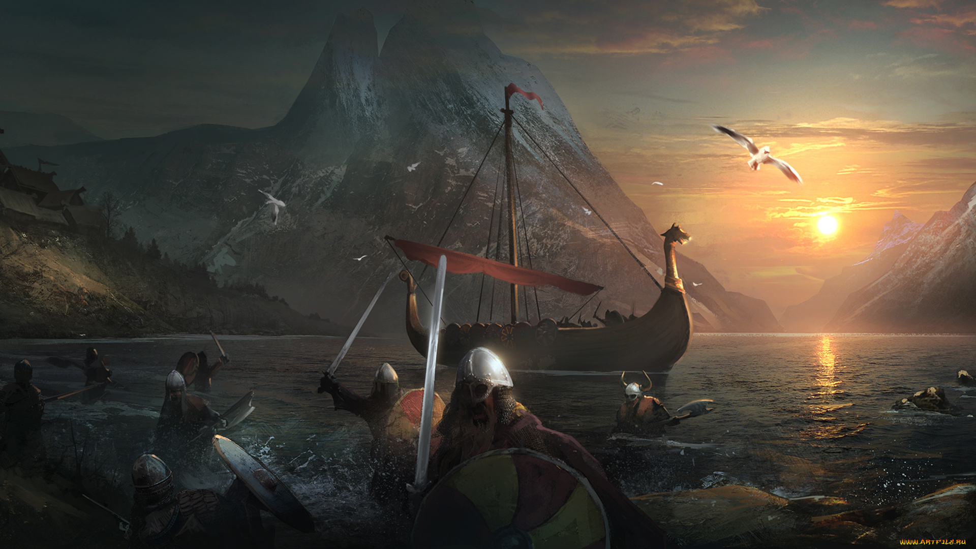 фэнтези, иные, миры, , иные, времена, море, корабль, вечер, воины, вода, нападение, горы, птица, шлем, меч, щит, закат
