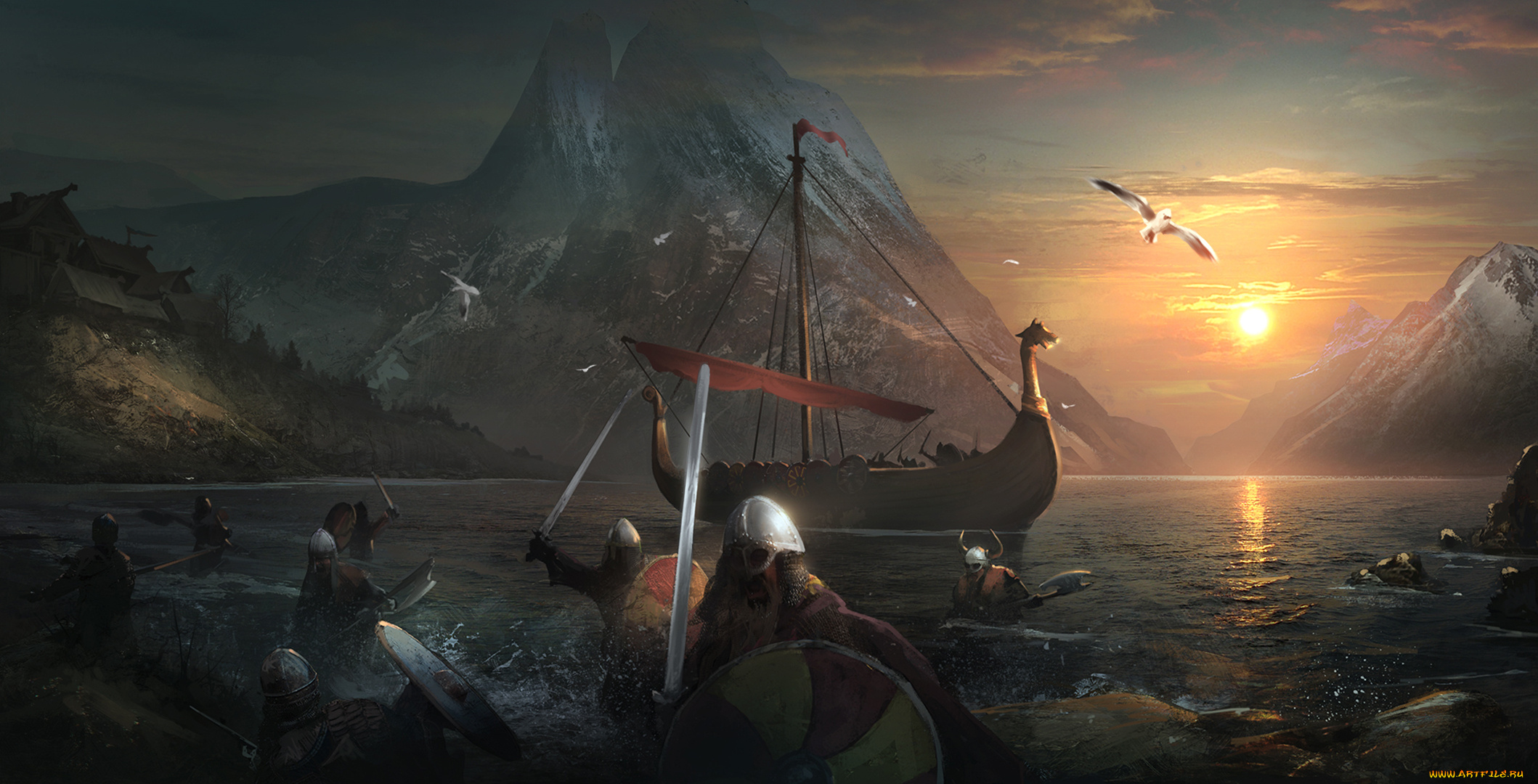 фэнтези, иные, миры, , иные, времена, море, корабль, вечер, воины, вода, нападение, горы, птица, шлем, меч, щит, закат