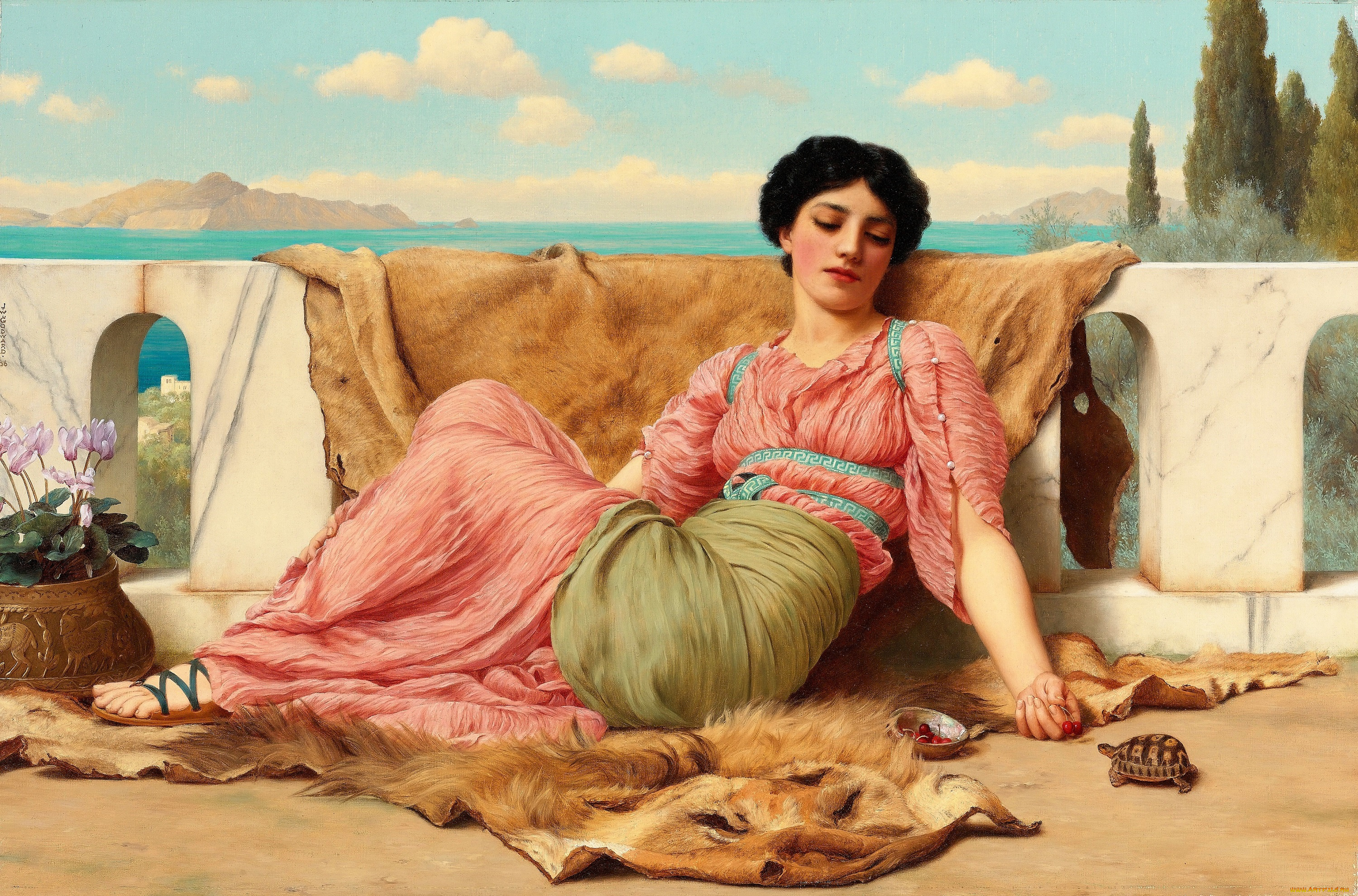 бесшумный, любимец, рисованное, john, william, godward, девушка, шкура, черепаха