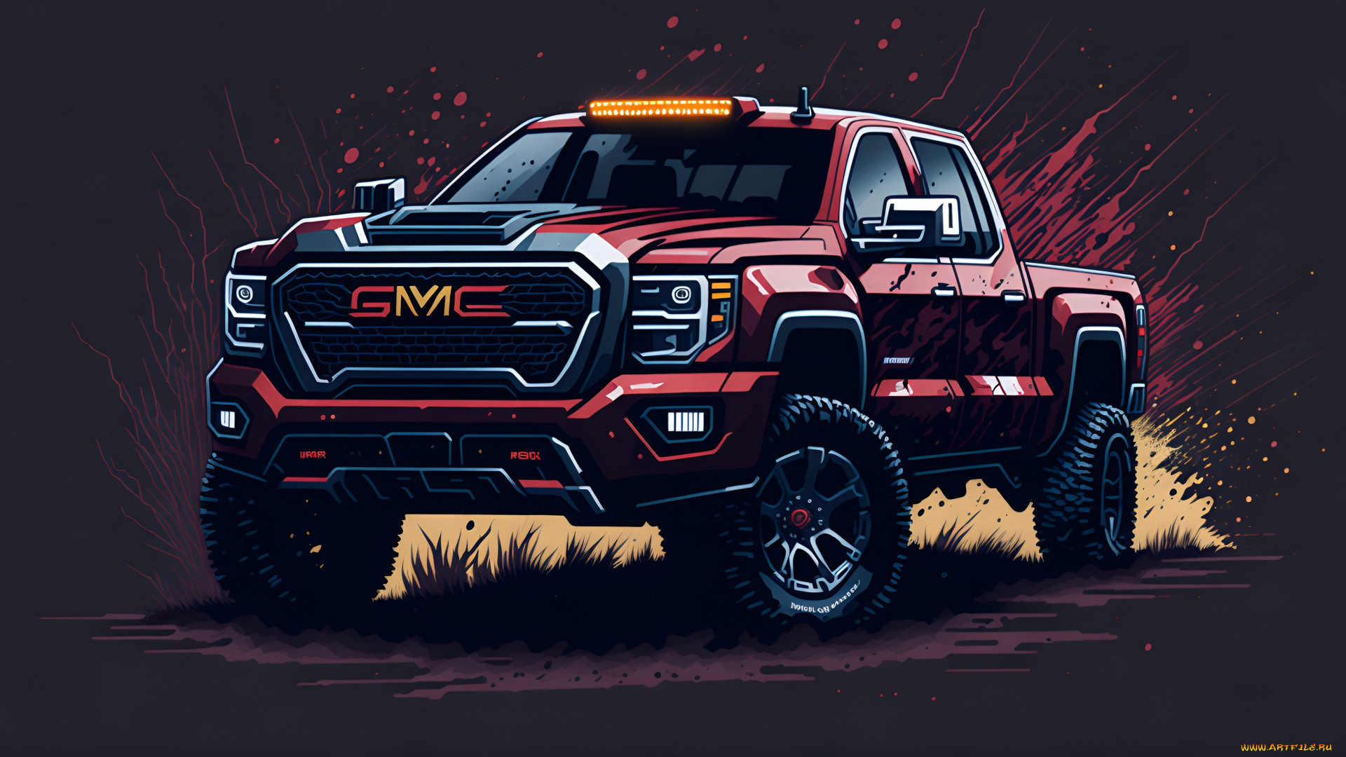 рисованное, авто, мото, cars, minimalism, art, red, car, gmc, sierra, 2500hd