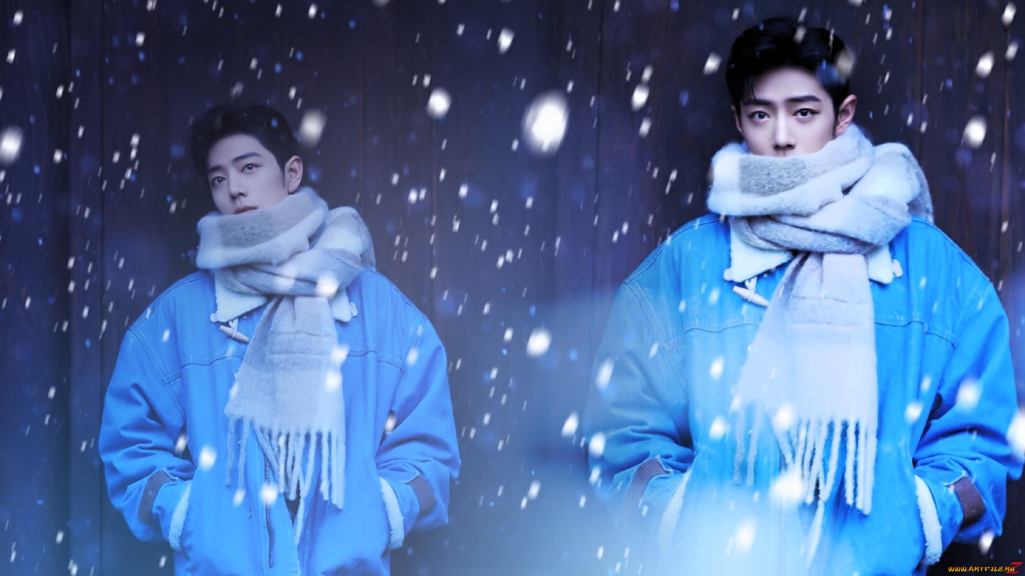 мужчины, xiao, zhan, актер, шарф, куртка, снег