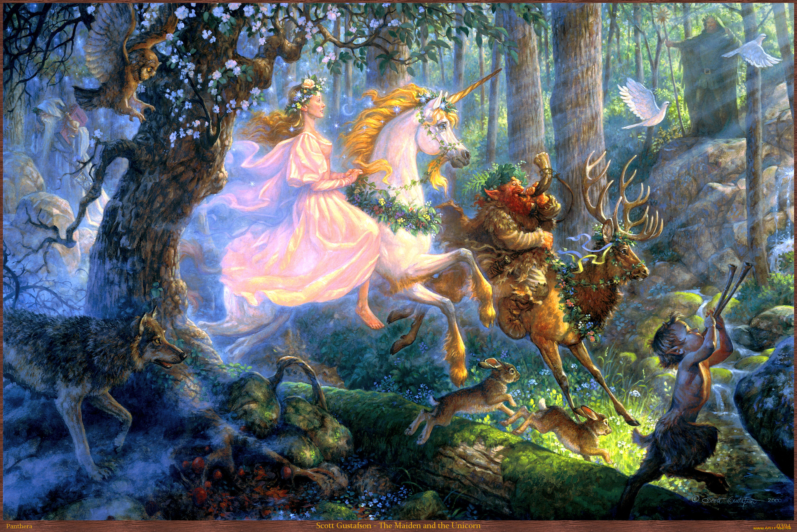 scott, gustafson, the, maiden, and, unicorn, фэнтези, существа, арт, лес, девушка, единорог, олень, чертёнок, волк, зайцы, голуби